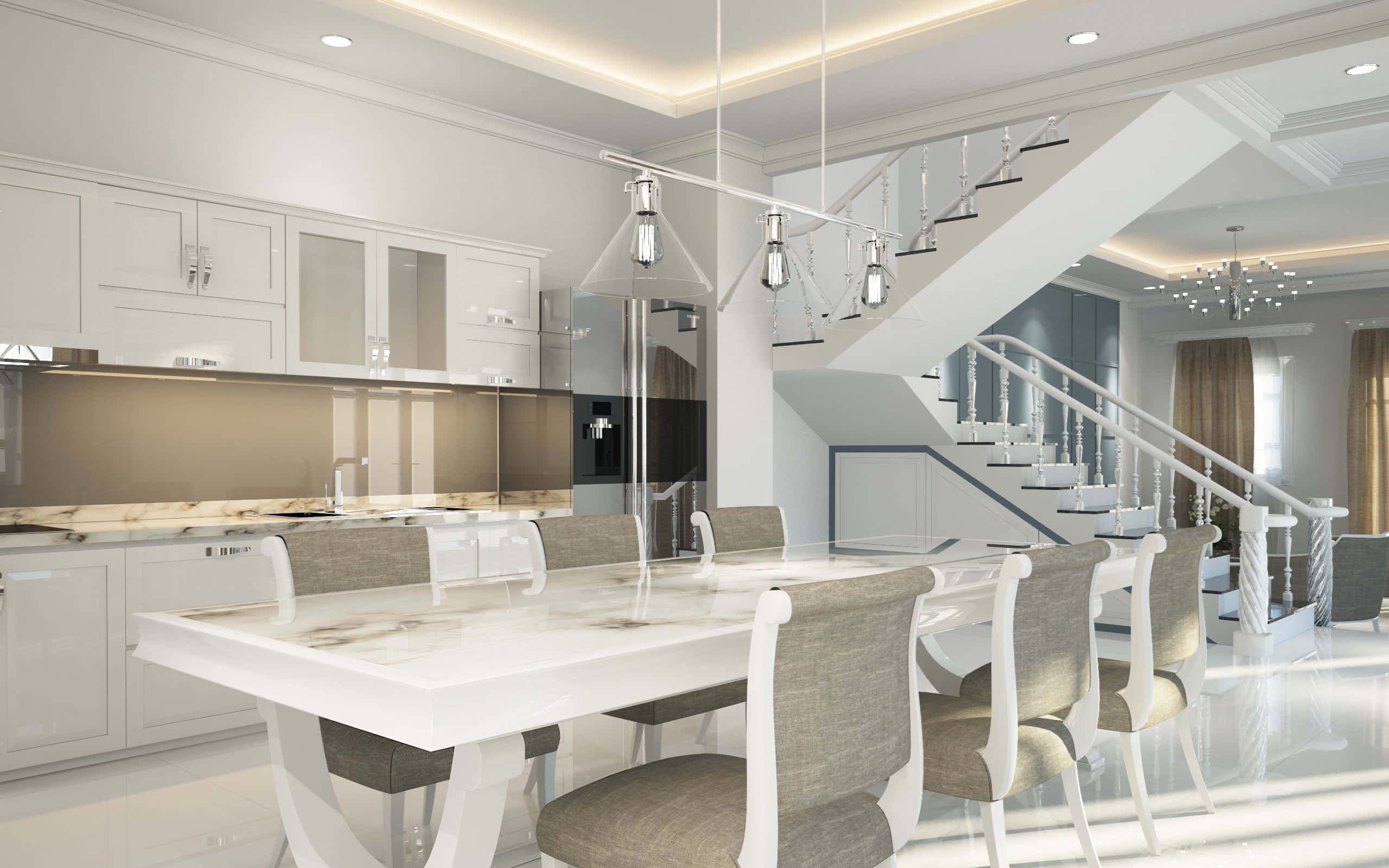 Dining Room 桌布 壁紙 — 一個明亮的現代用餐區，配有白色大理石餐桌和灰色椅子，下方是時尚的吊燈，毗鄰樓梯和廚房。