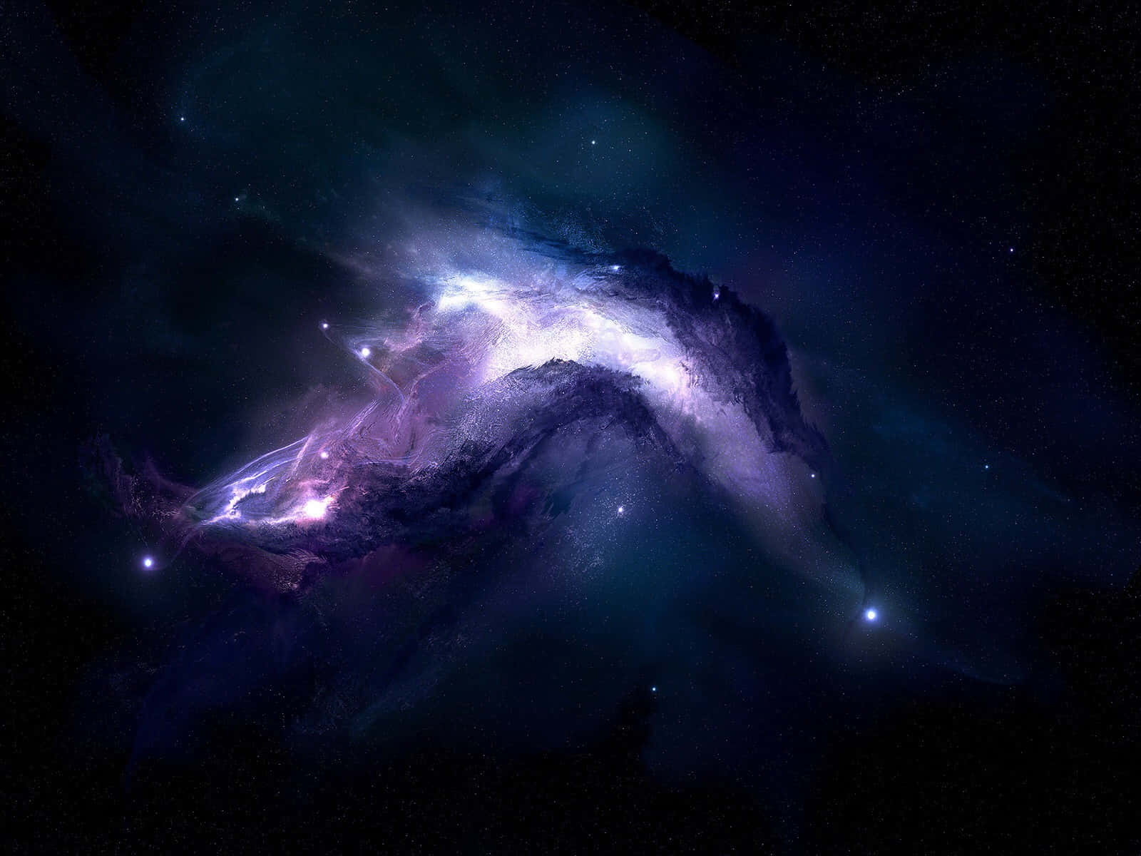 科幻 桌布 壁紙 — 一個明亮的紫色和藍色星雲在點綴著遙遠恆星的深空中旋轉。