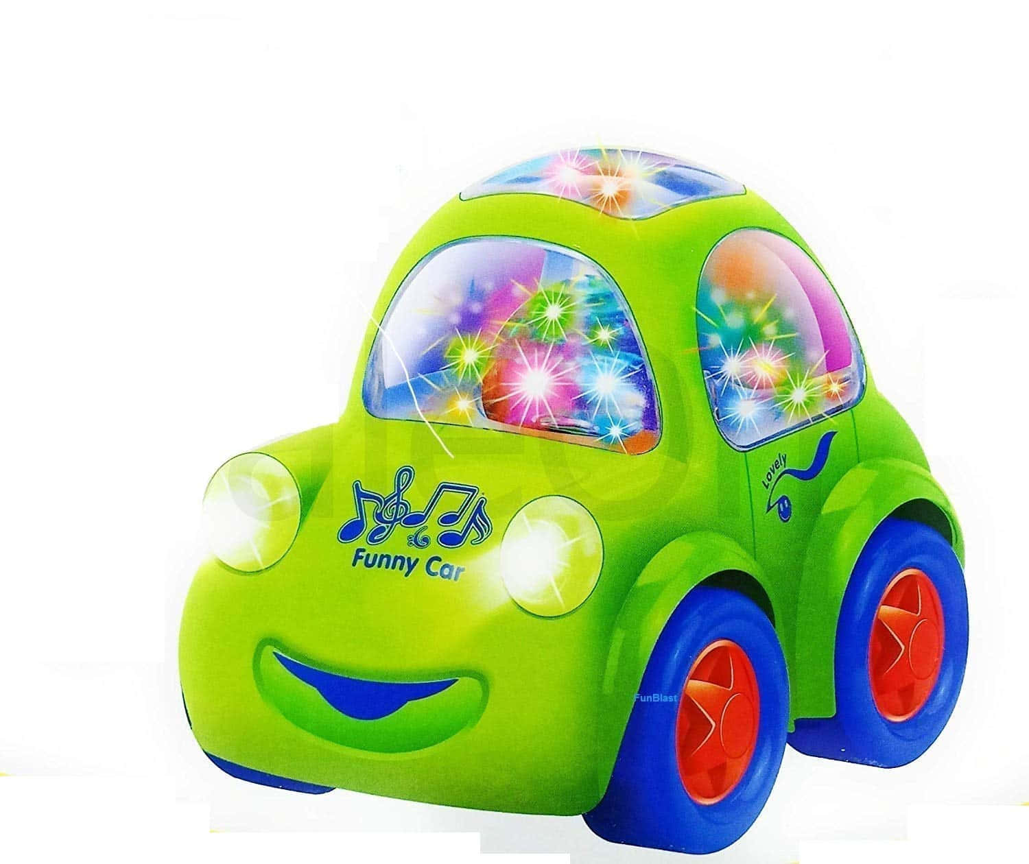 cars 桌布 壁紙 — 一個明亮的綠色玩具車，帶有發光的燈光和微笑的臉，背景為白色。