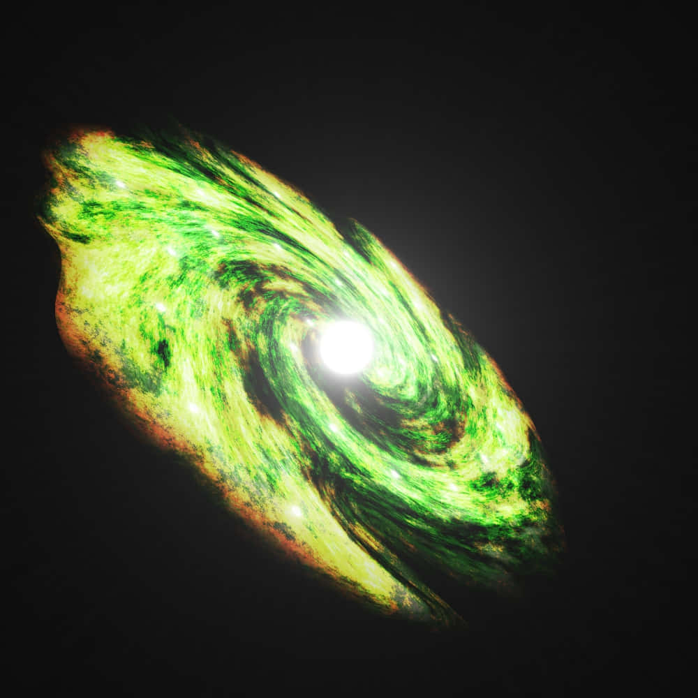 Green Galaxy 桌布 壁紙 — 一個明亮的綠色螺旋星系在黑暗虛空中旋轉，帶有明亮的中心核心和發光的星團。
