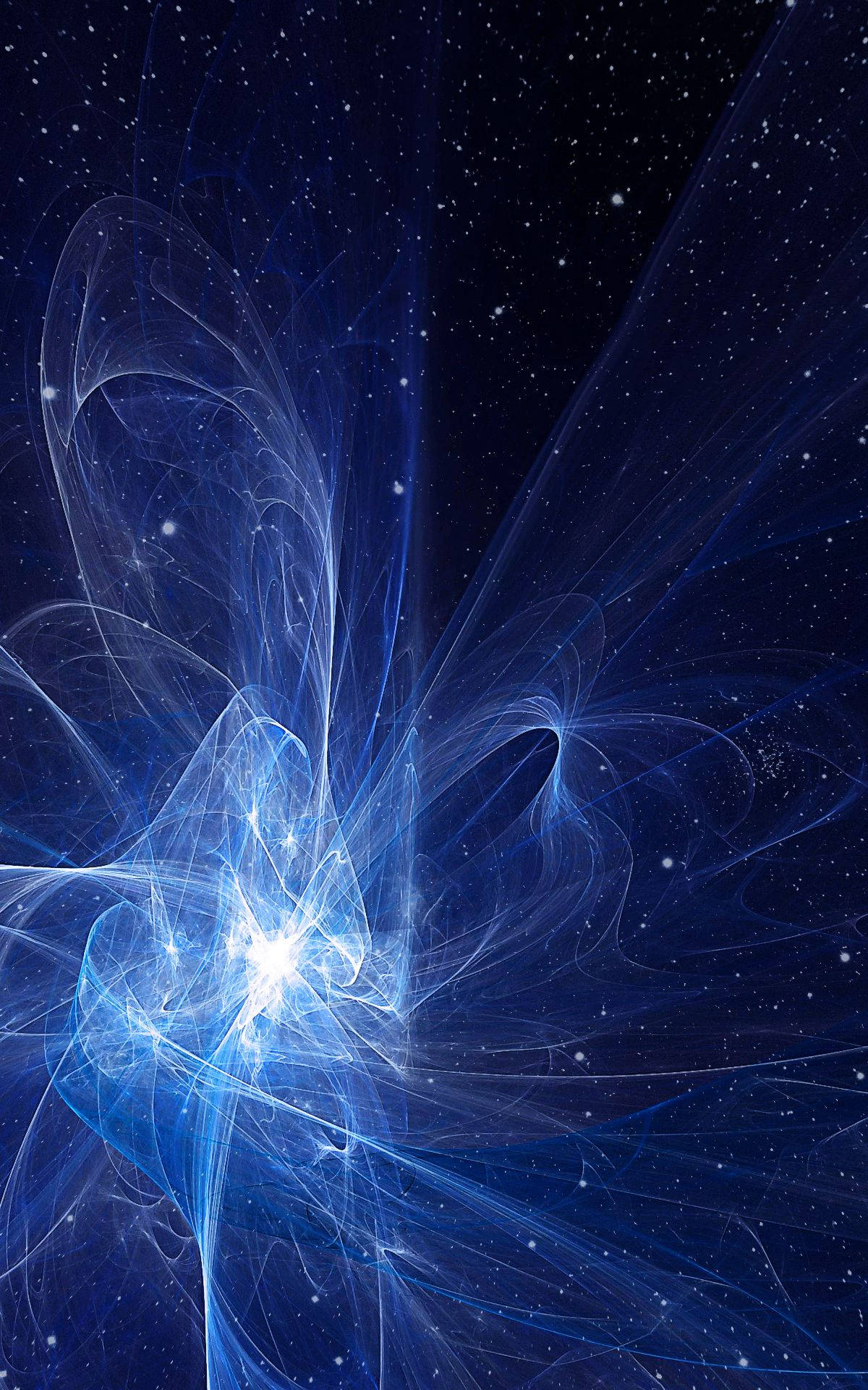 人像動態 桌布 壁紙 — 一個明亮的藍色宇宙星雲在深空星場中旋轉，帶有發光的絲狀結構。
