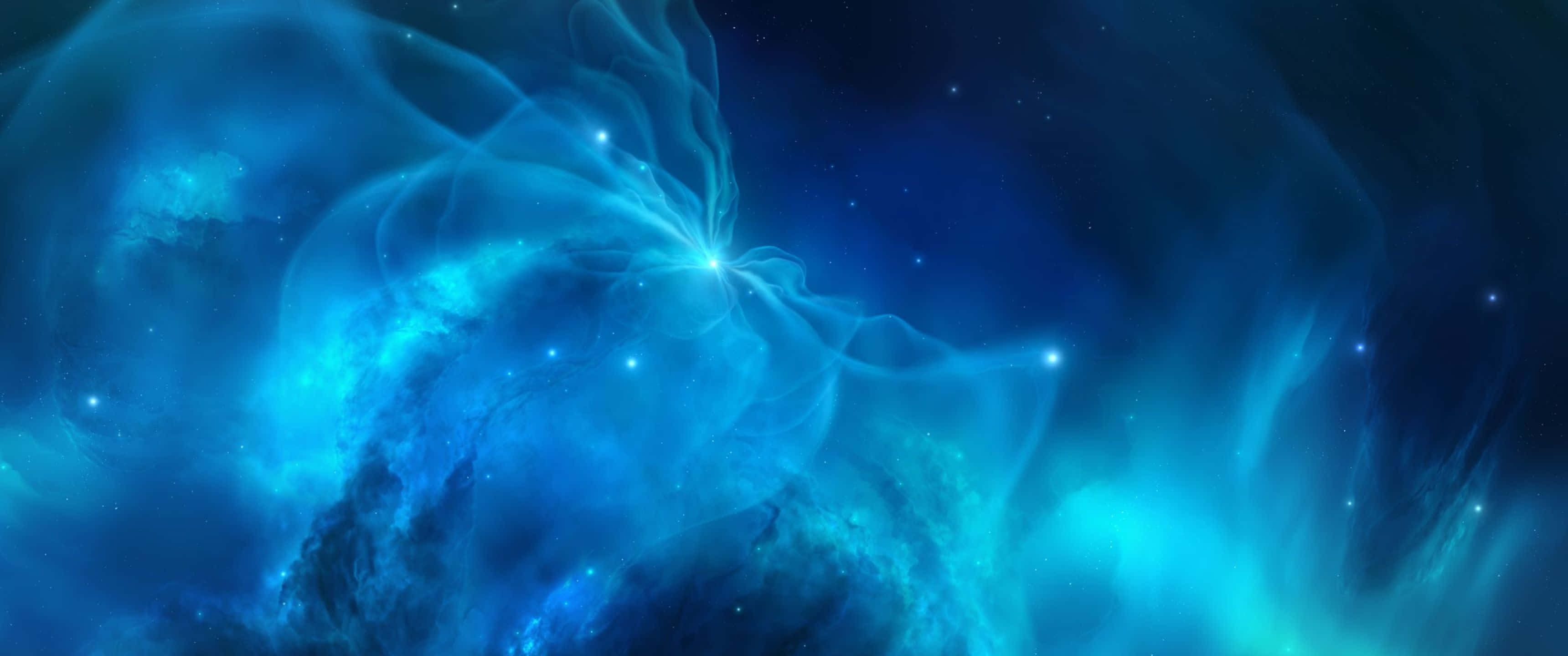 Blue Space 桌布 壁紙 — 一個明亮的藍色星雲在深邃的宇宙虛空中旋轉，散發著發光的氣體和散落的星星。