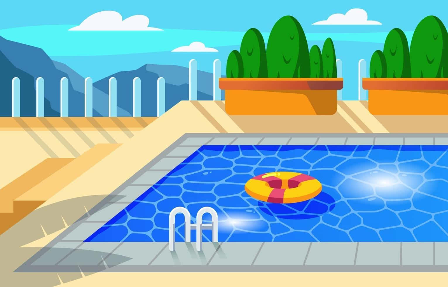 Swimming Pool 桌布 壁紙 — 一個明亮的藍色游泳池，黃色救生圈在陽光普照的天空下漂浮，背景有山脈和盆栽仙人掌。