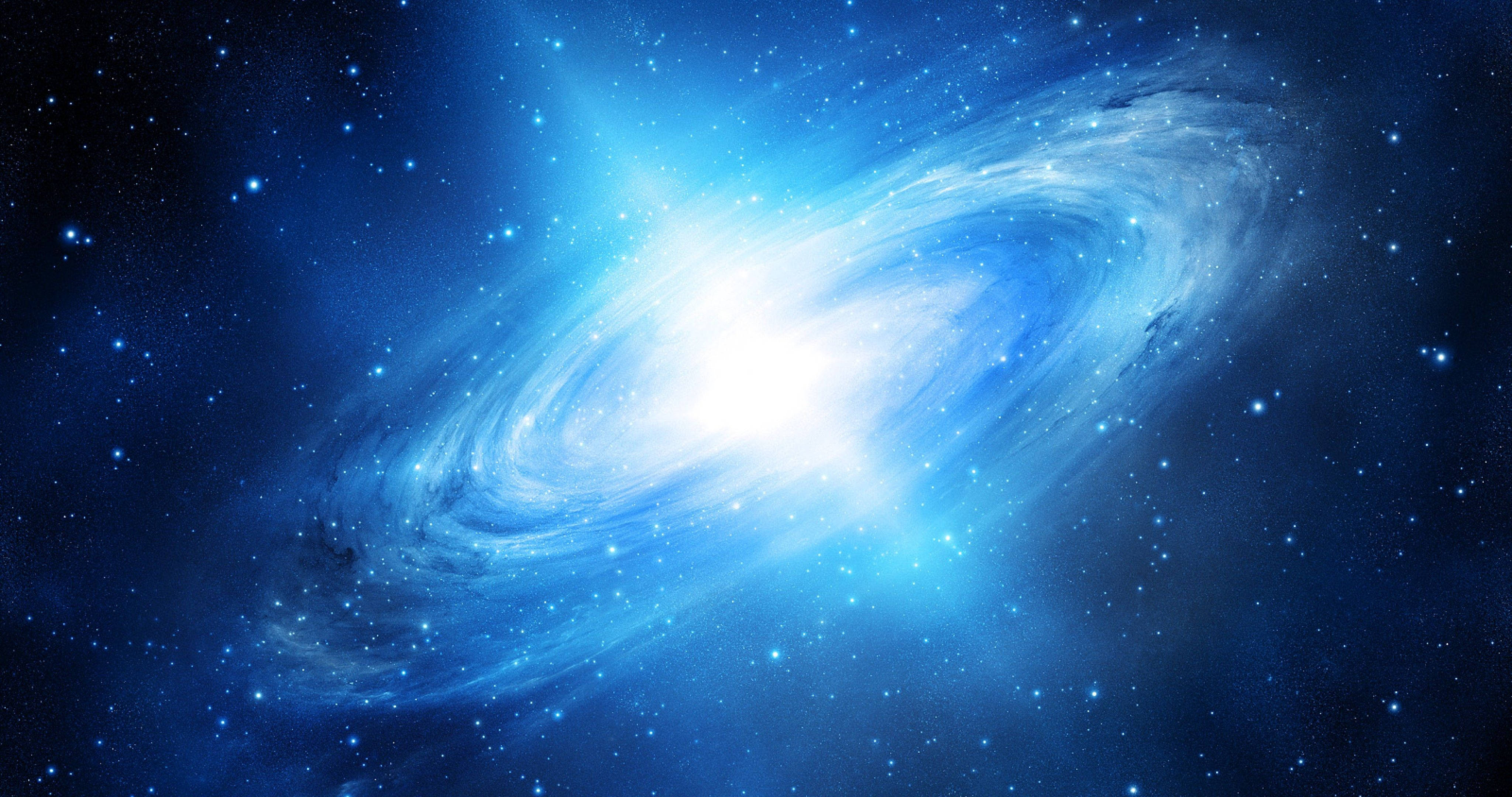 4K 太空 桌布 壁紙 — 一個明亮的藍色螺旋星系，在深邃的宇宙夜空中旋轉，伴隨著閃爍的星星。