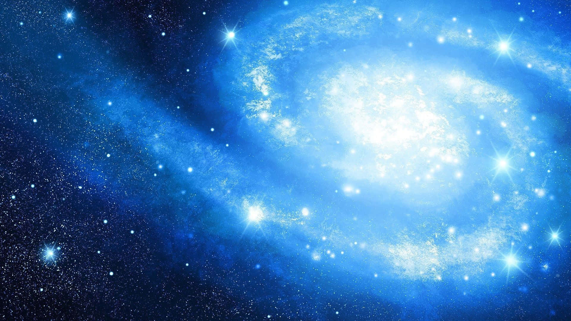 宇宙 桌布 壁紙 — 一個明亮的藍色螺旋星系在深邃的宇宙背景下旋轉，閃爍著明亮的星星。
