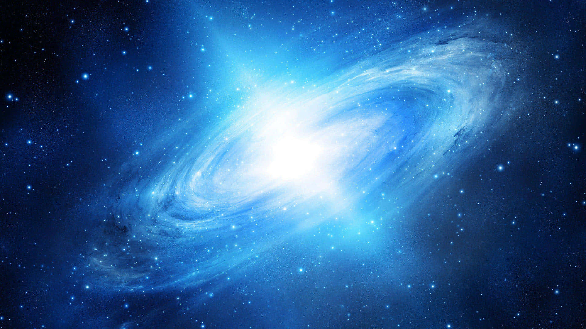 藍色銀河 桌布 壁紙 — 一個明亮的藍色螺旋星系在深邃的宇宙夜空中旋轉，伴隨著閃爍的星星。