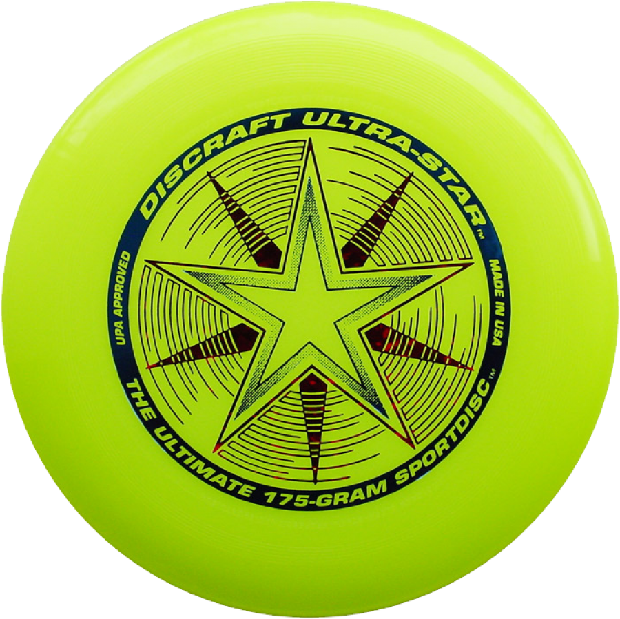 Frisbee 桌布 壁紙 — 一個明亮的螢光黃色Discraft Ultra-Star飛盤，帶有醒目的星星標誌和黑色文字，背景為純黑色。