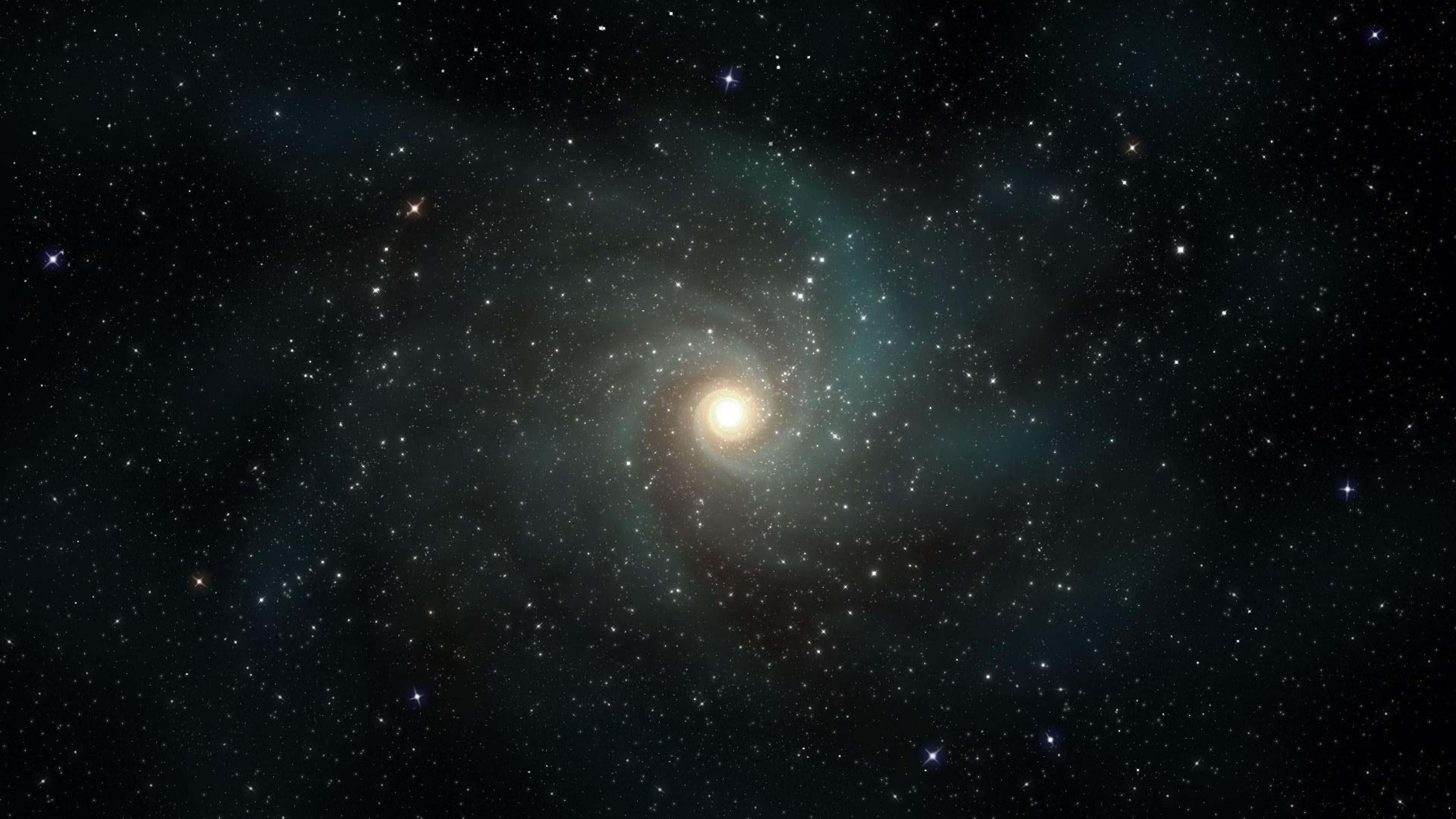 銀河 桌布 壁紙 — 一個明亮的螺旋星系，帶有旋轉的藍綠色和金色旋臂，在星空背景下發光。