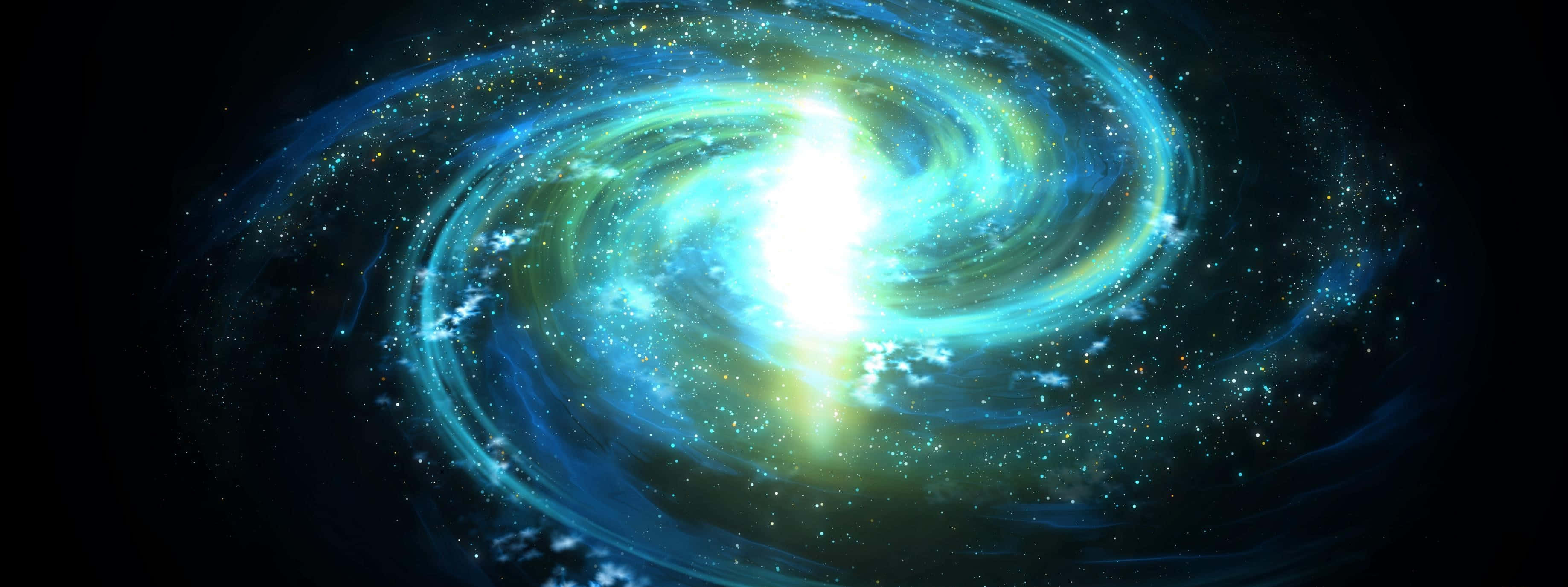 桌布 壁紙 — 一個明亮的螺旋星系，閃爍著藍色和綠色的星雲，在佈滿星星的宇宙虛空中旋轉。