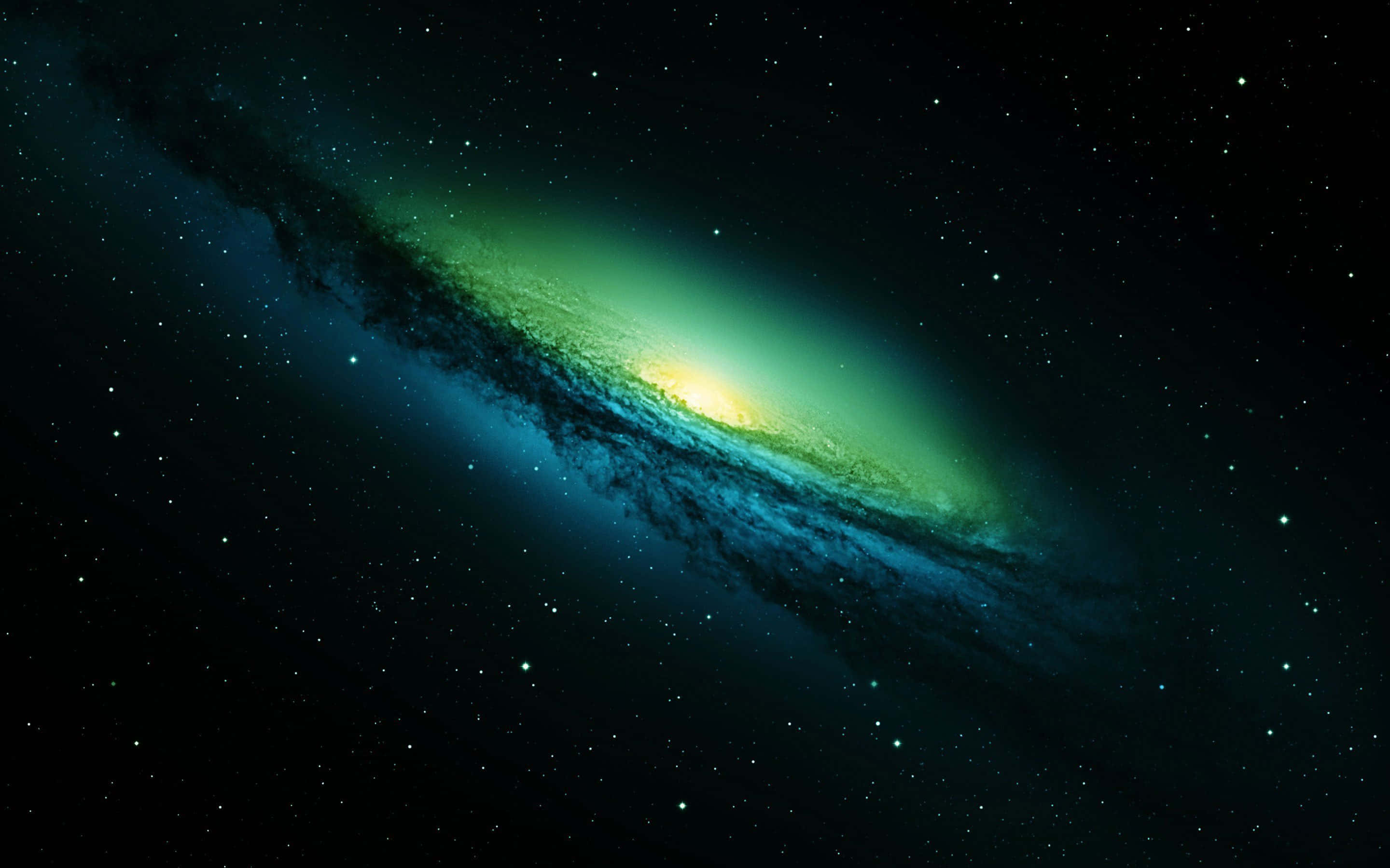 Gambar 桌布 壁紙 — 一個明亮的螺旋星系在佈滿星星的宇宙背景下散發出充滿活力的綠色和藍色色調。