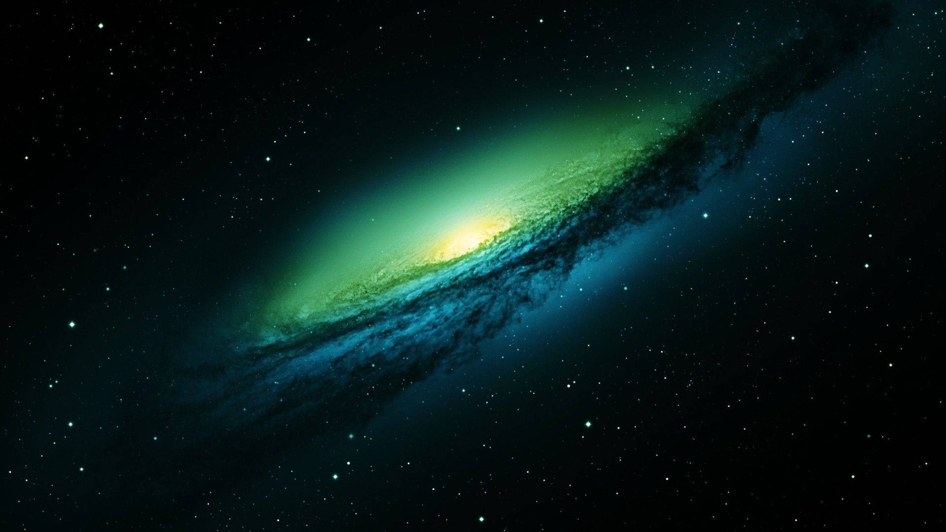 Mac 桌布 壁紙 — 一個明亮的螺旋星系在星空背景下發出綠色和藍色的光芒。
