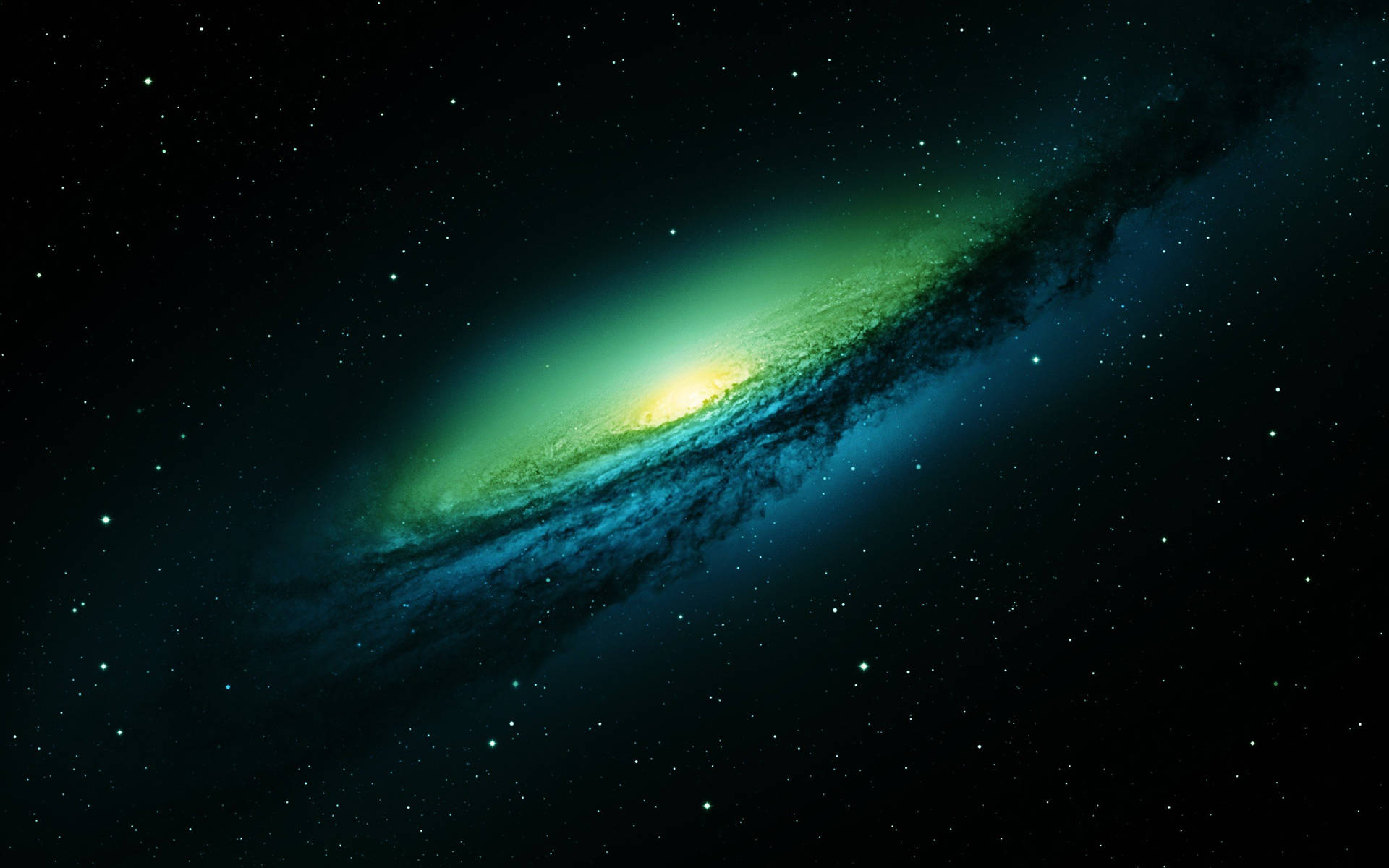 一個發光的螺旋星系，帶有綠色和藍色色調，被星星環繞。 — 外太空 GIF 壁紙