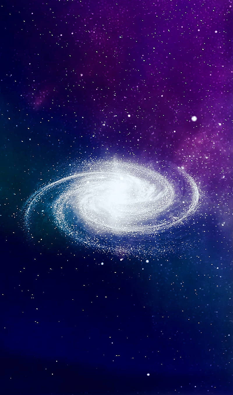銀河 桌布 壁紙 — 一個明亮的螺旋星系在深紫色和藍色的宇宙空間中旋轉，點綴著閃爍的星星。