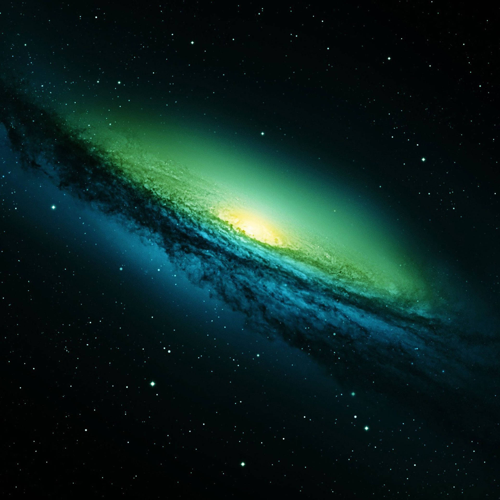 一個發光的螺旋星系，帶有綠色和藍色色調，被星星包圍。 — 外太空 GIF 壁紙