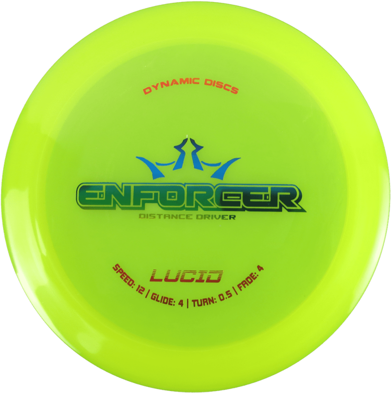Frisbee 桌布 壁紙 — 一個明亮的霓虹綠色Dynamic Discs Enforcer距離驅動飛盤，帶有藍色和紅色文字，背景為黑色。