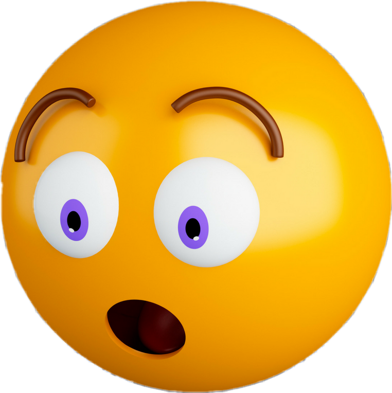 Emoticon 桌布 壁紙 — 一個明亮的黃色3D渲染表情符號臉，帶有因驚訝而睜大的紫色眼睛和揚起的眉毛，背景為黑色。