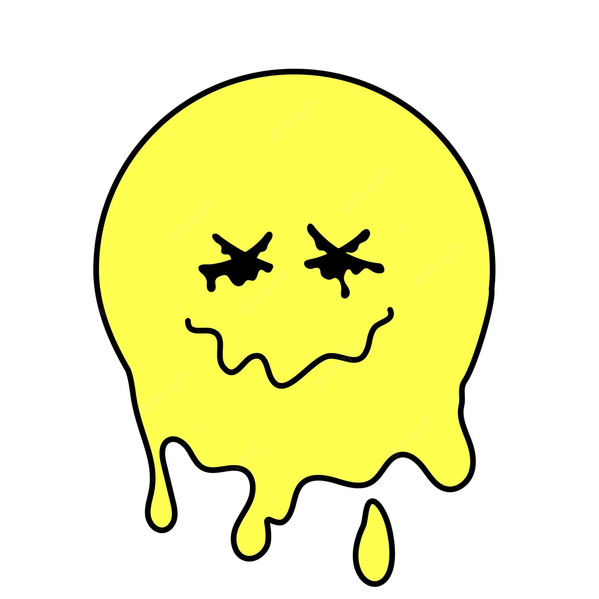 Aesthetic Trippy Smiley Face 桌布 壁紙 — 一個明亮的黃色卡通團塊，帶有鬥雞眼和滴落的微笑，在白色背景上向下融化。
