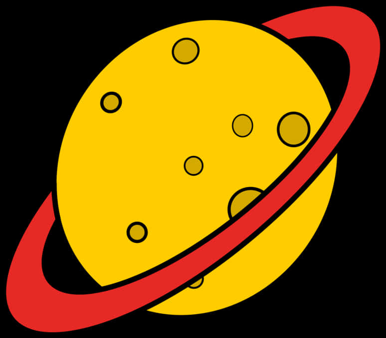 Ringed Planet 桌布 壁紙 — 一個明亮的黃色卡通星球，帶有棕色斑點和一個大膽的紅色環，在黑色背景上運行。