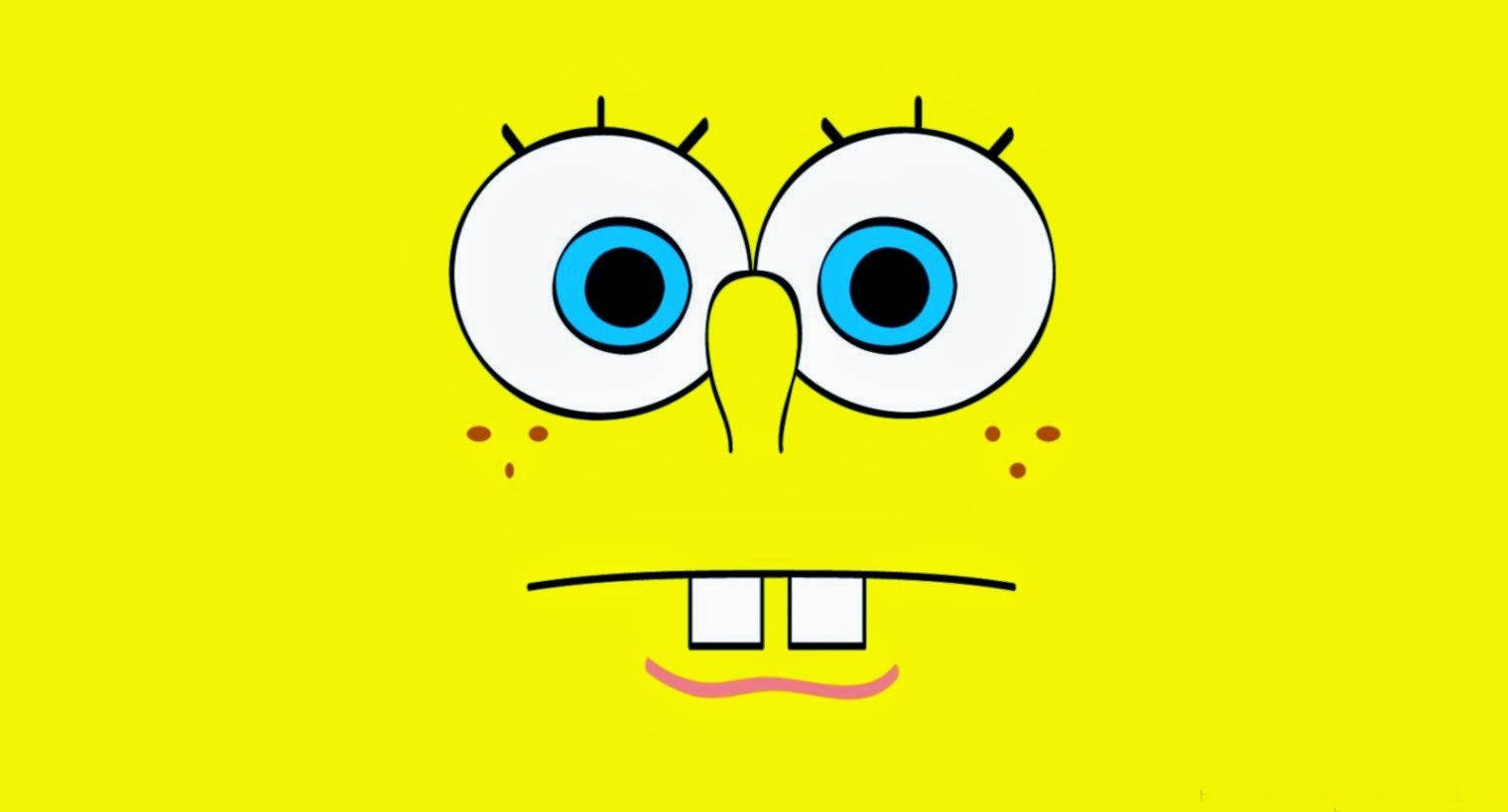 Cool Spongebob 桌布 壁紙 — 一個明亮的黃色卡通海綿，有著大大的藍色眼睛和簡單的微笑，背景是純黃色。