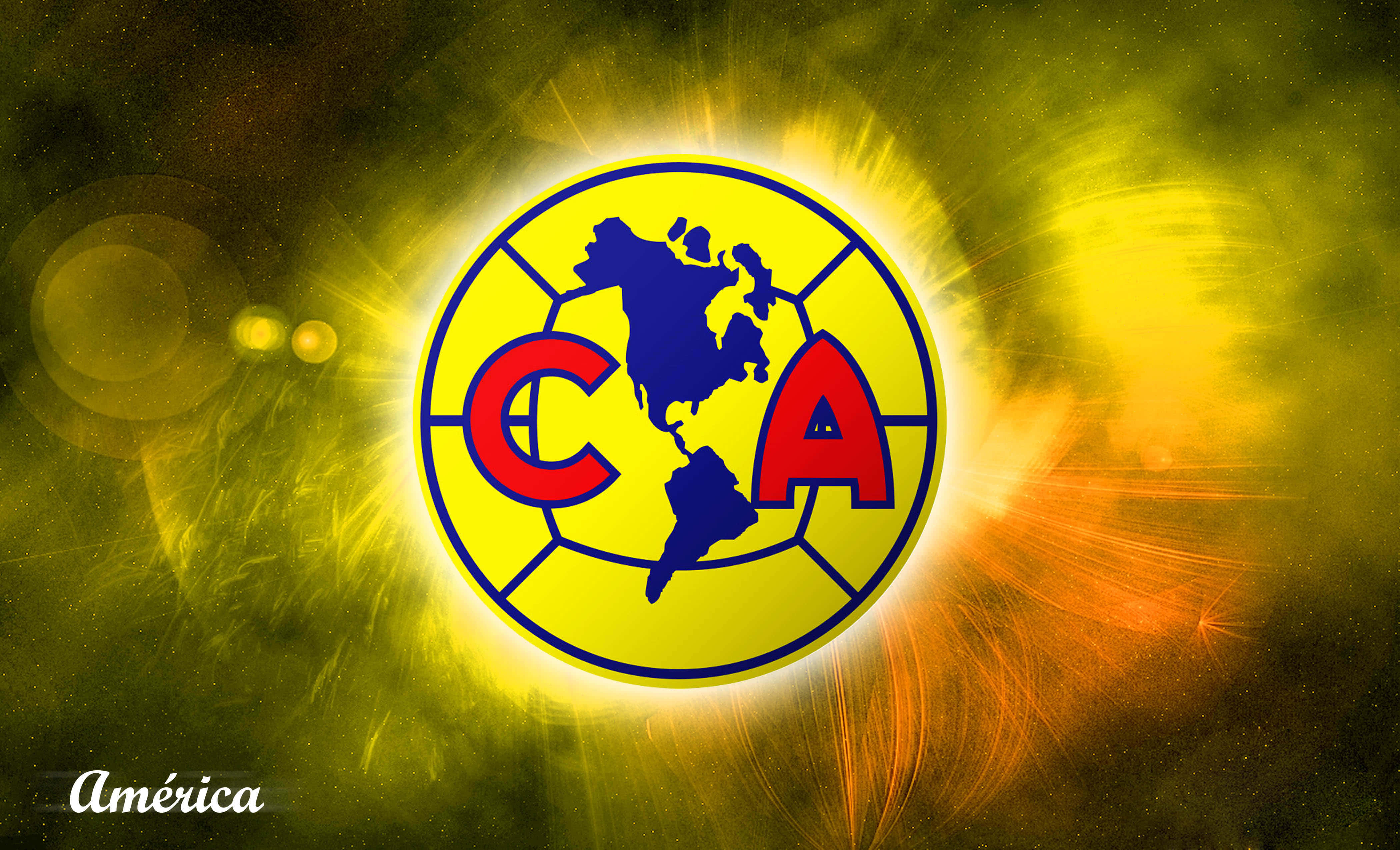 Club America 桌布 壁紙 — 一個明亮的黃色和藍色 Club América 標誌在熾熱的金色和橙色宇宙背景中閃耀，帶有鏡頭光暈。