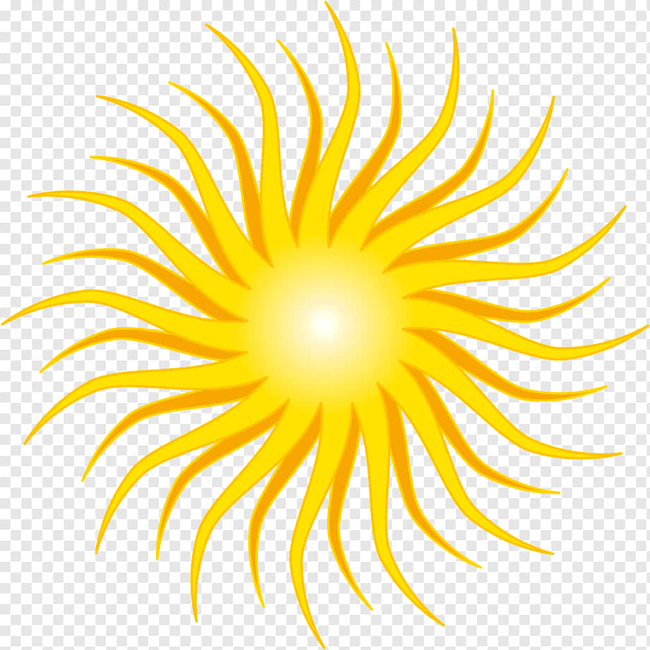 太陽 桌布 壁紙 — 一個明亮的黃色太陽，帶有長長的流動光線，在透明背景上閃耀著光芒。