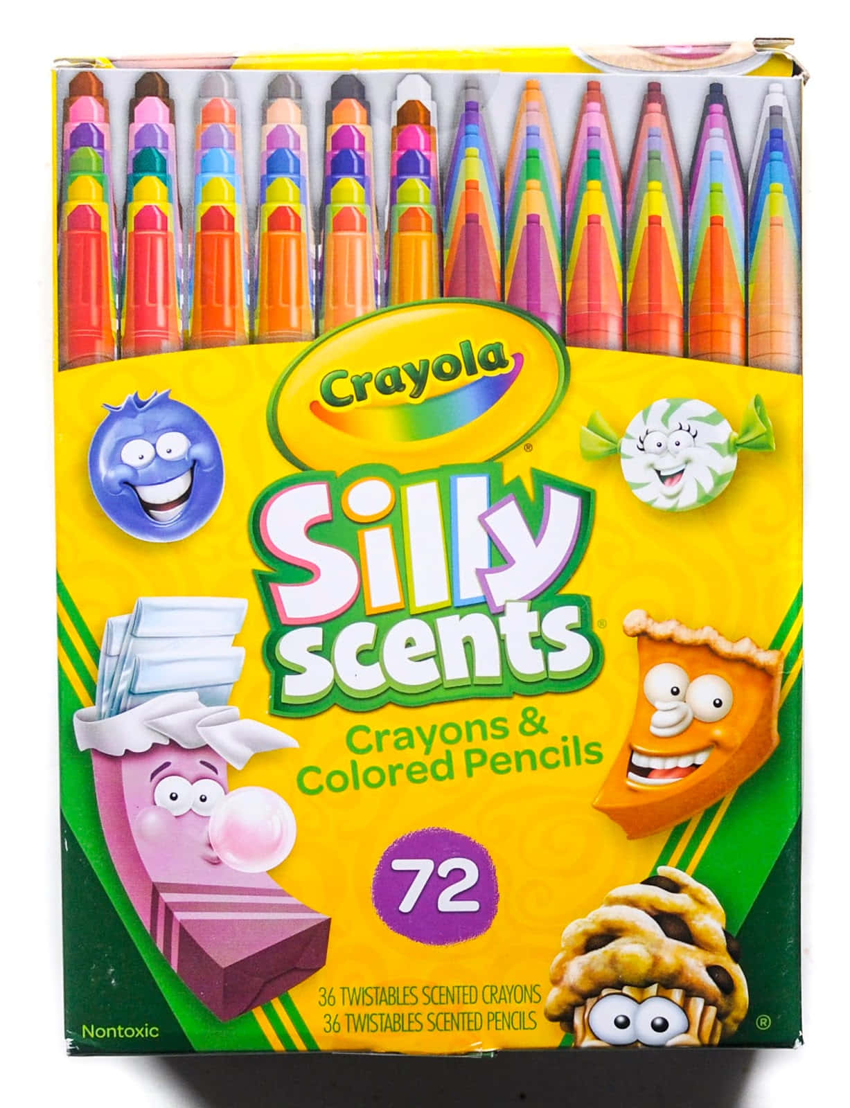 silly 桌布 壁紙 — 一個明亮的黃色盒子，裡面裝有Crayola Silly Scents蠟筆和彩色鉛筆，上面有卡通食物角色。