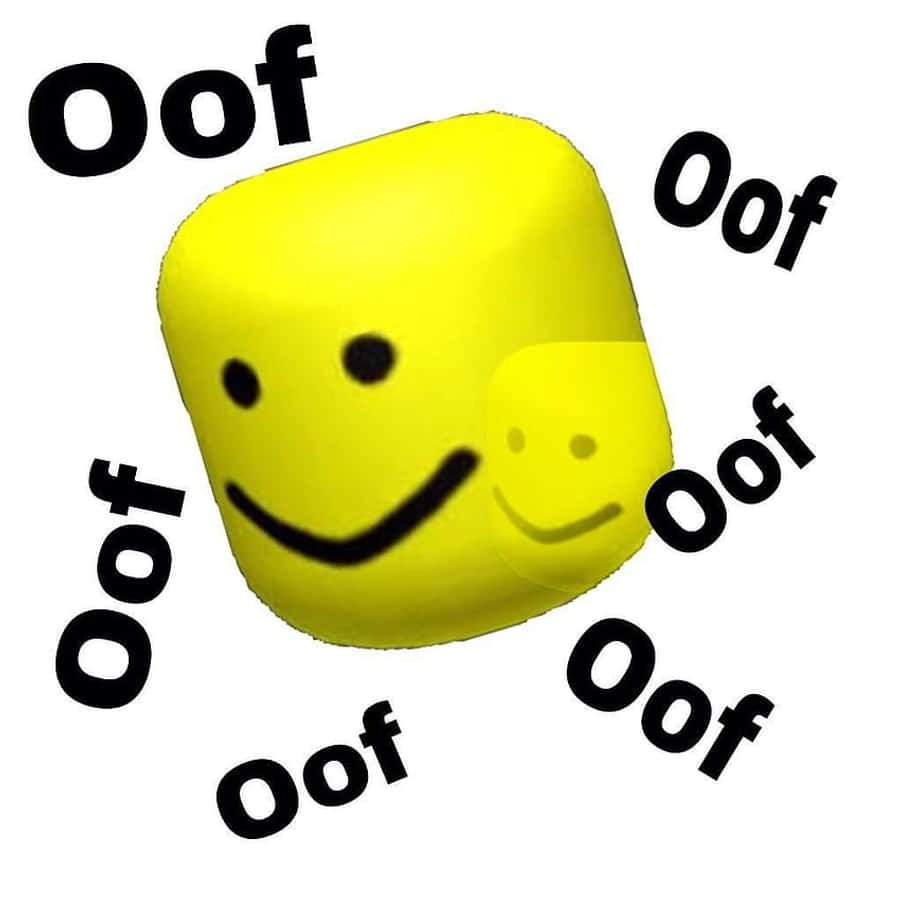 Roblox Noob 桌布 壁紙 — 一個明亮的黃色立方體，帶有微笑的臉，被粗體黑色文字中的「Oof」一詞包圍。