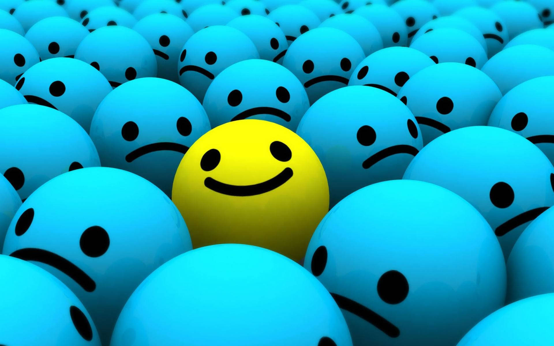 Smile 桌布 壁紙 — 一個明亮的黃色笑臉在3D渲染的人群中，從一片藍色皺眉的臉中脫穎而出。