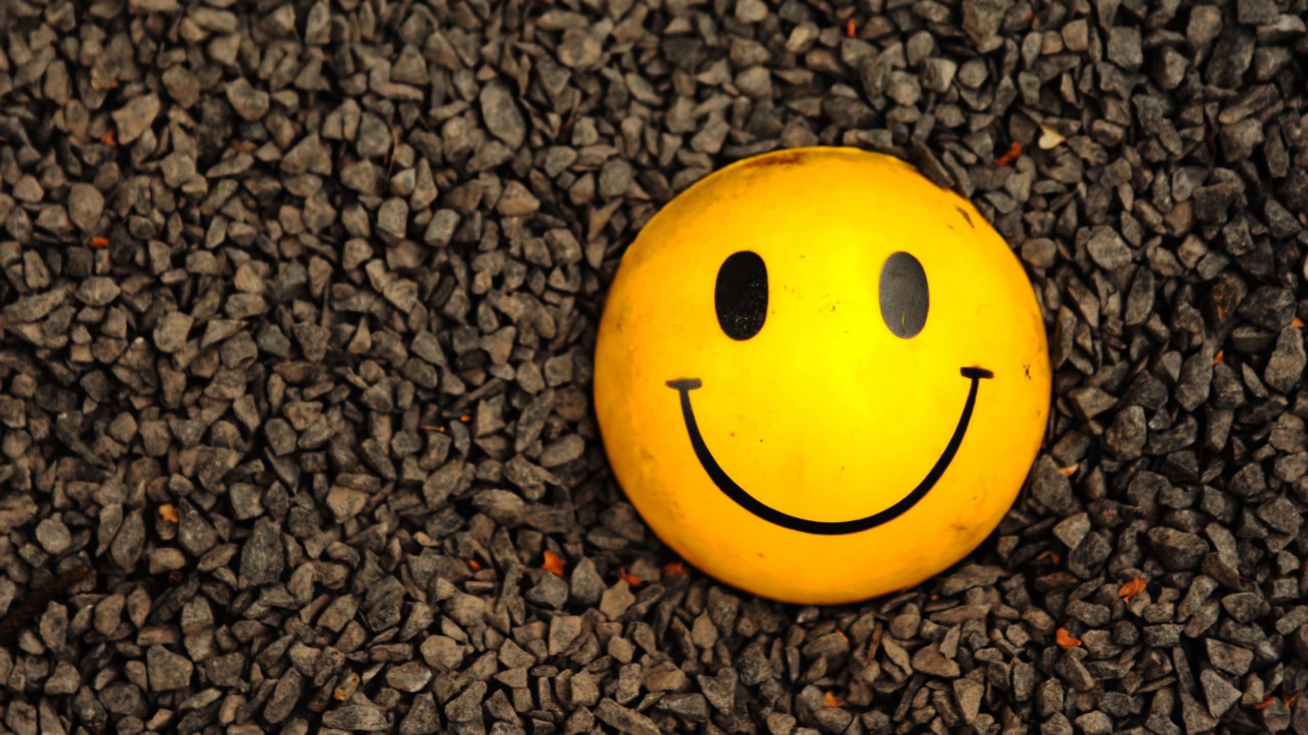 Smile Emoji 桌布 壁紙 — 一個明亮的黃色笑臉球放在深灰色碎石床上。