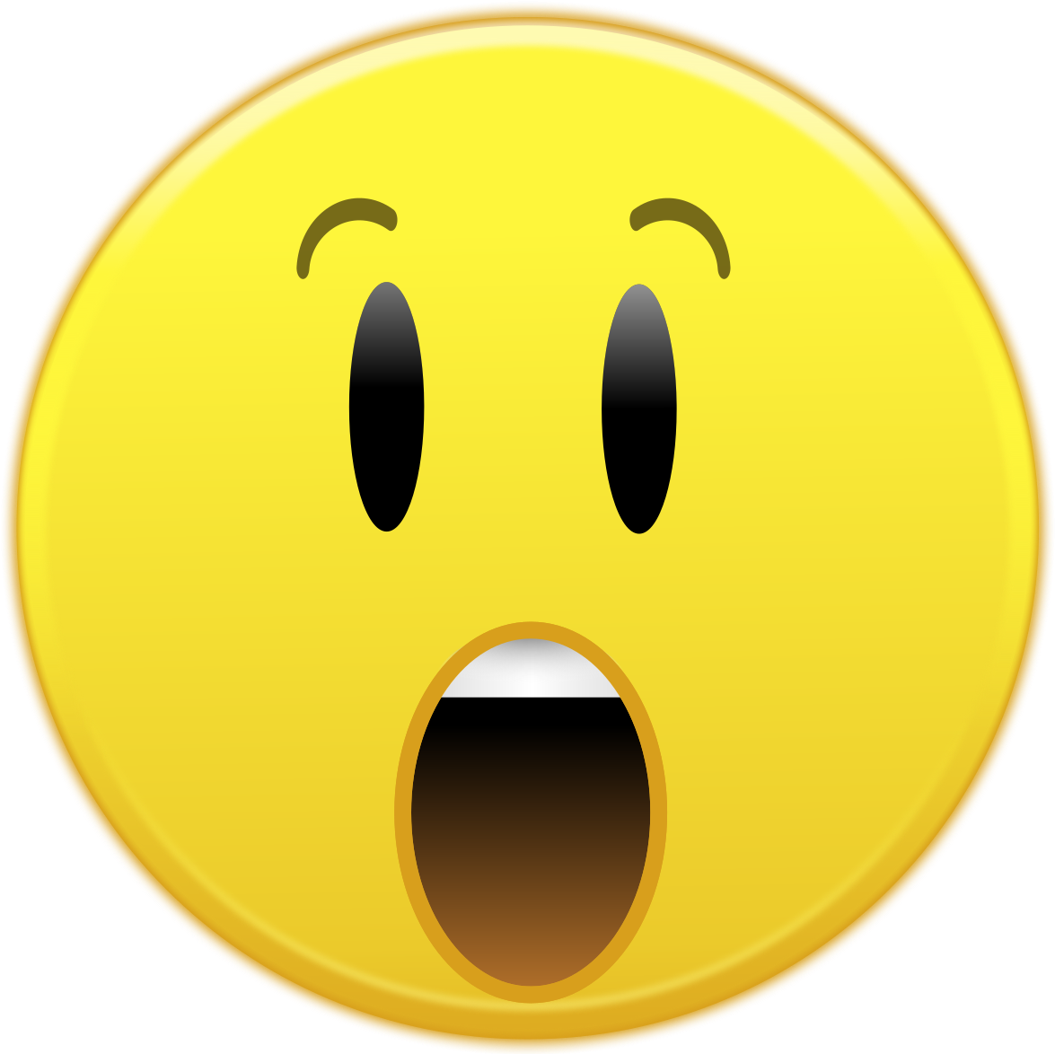 Surprised 桌布 壁紙 — 一個明亮的黃色表情符號臉，睜大眼睛和張開嘴巴，在黑色背景上表達震驚。