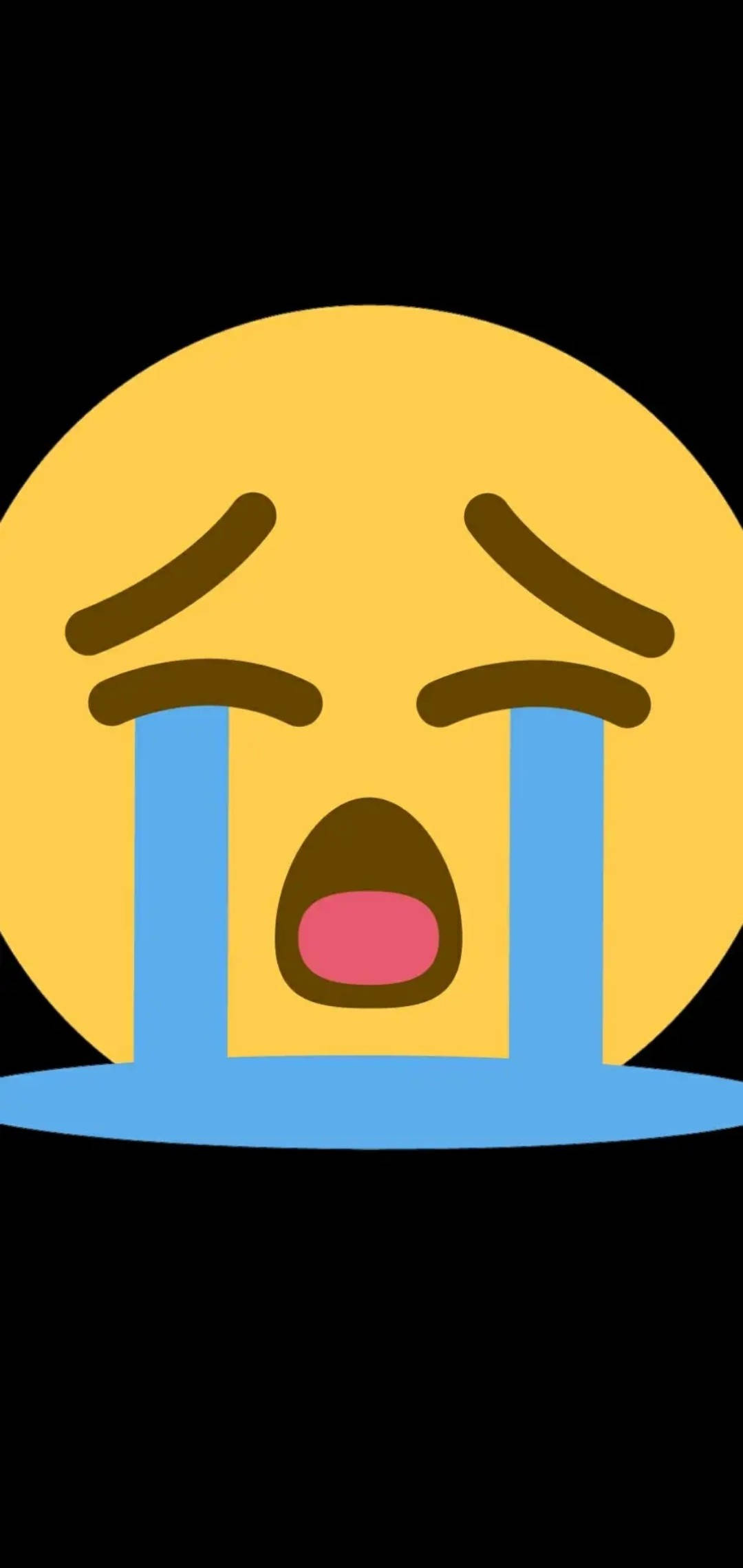 難過表情符號 桌布 壁紙 — 一個明亮的黃色表情符號臉在黑色背景上流下大顆藍色眼淚。