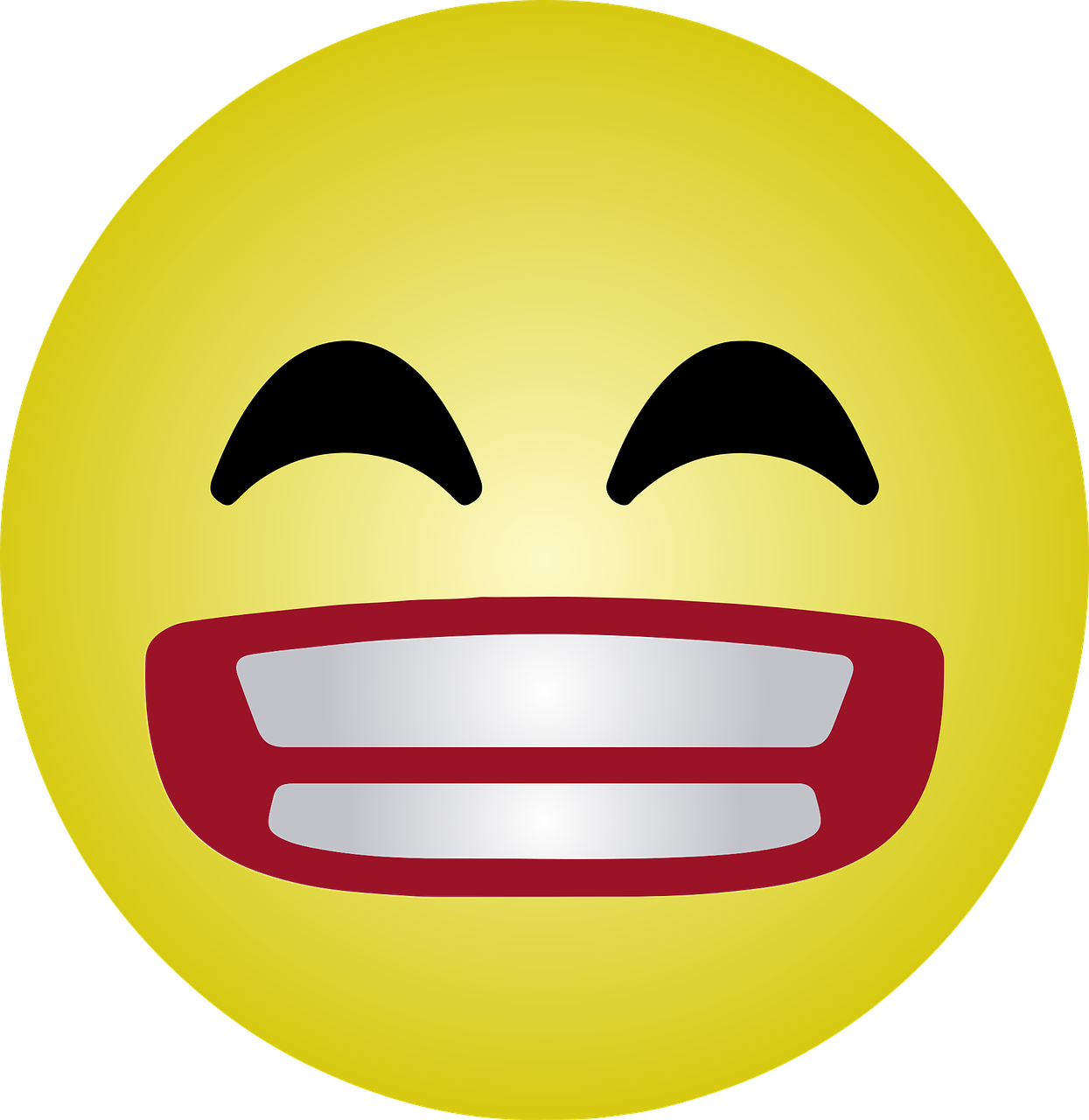 Emoticon 桌布 壁紙 — 一個明亮的黃色表情符號臉笑著，閉著眼睛，張開紅色的大嘴露出白色牙齒。