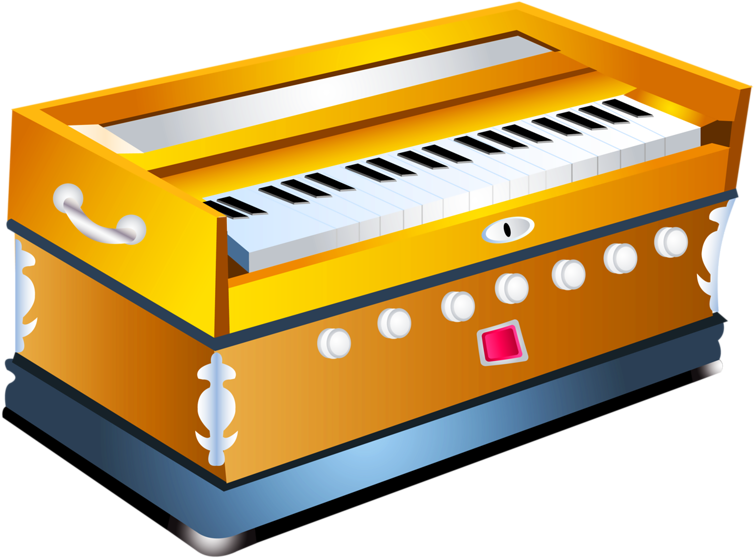 Music Instruments 桌布 壁紙 — 一個明亮的黃色風琴，帶有白色和黑色的琴鍵以及裝飾性的白色點綴，立在透明背景上。