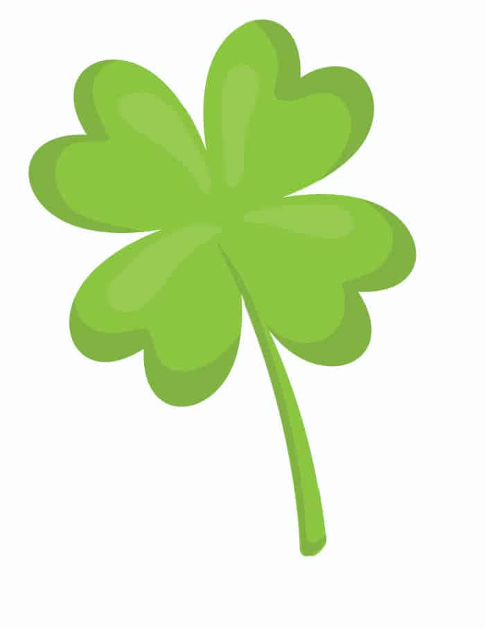 Four Leaf Clover 桌布 壁紙 — 一個明亮綠色的四葉草，帶有柔和陰影和簡單的莖，在乾淨的白色背景上。