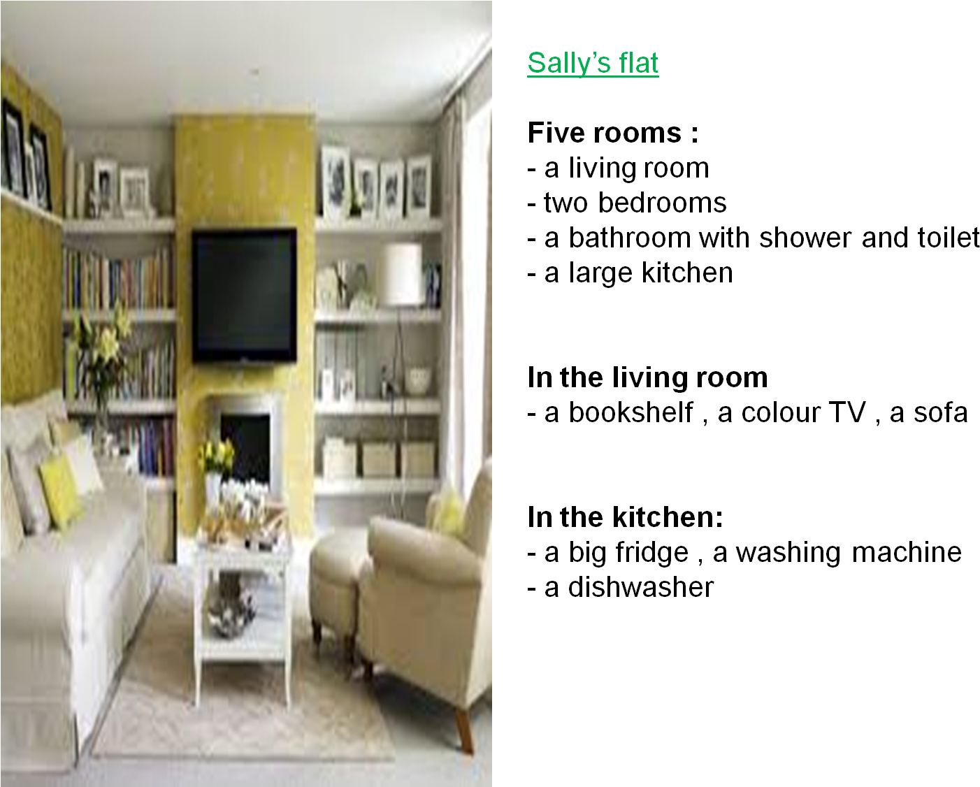 Living Room 桌布 壁紙 — 一個明亮舒適的客廳，配有白色家具、黃色特色牆、書架和裱框照片，營造出溫馨誘人的氛圍。