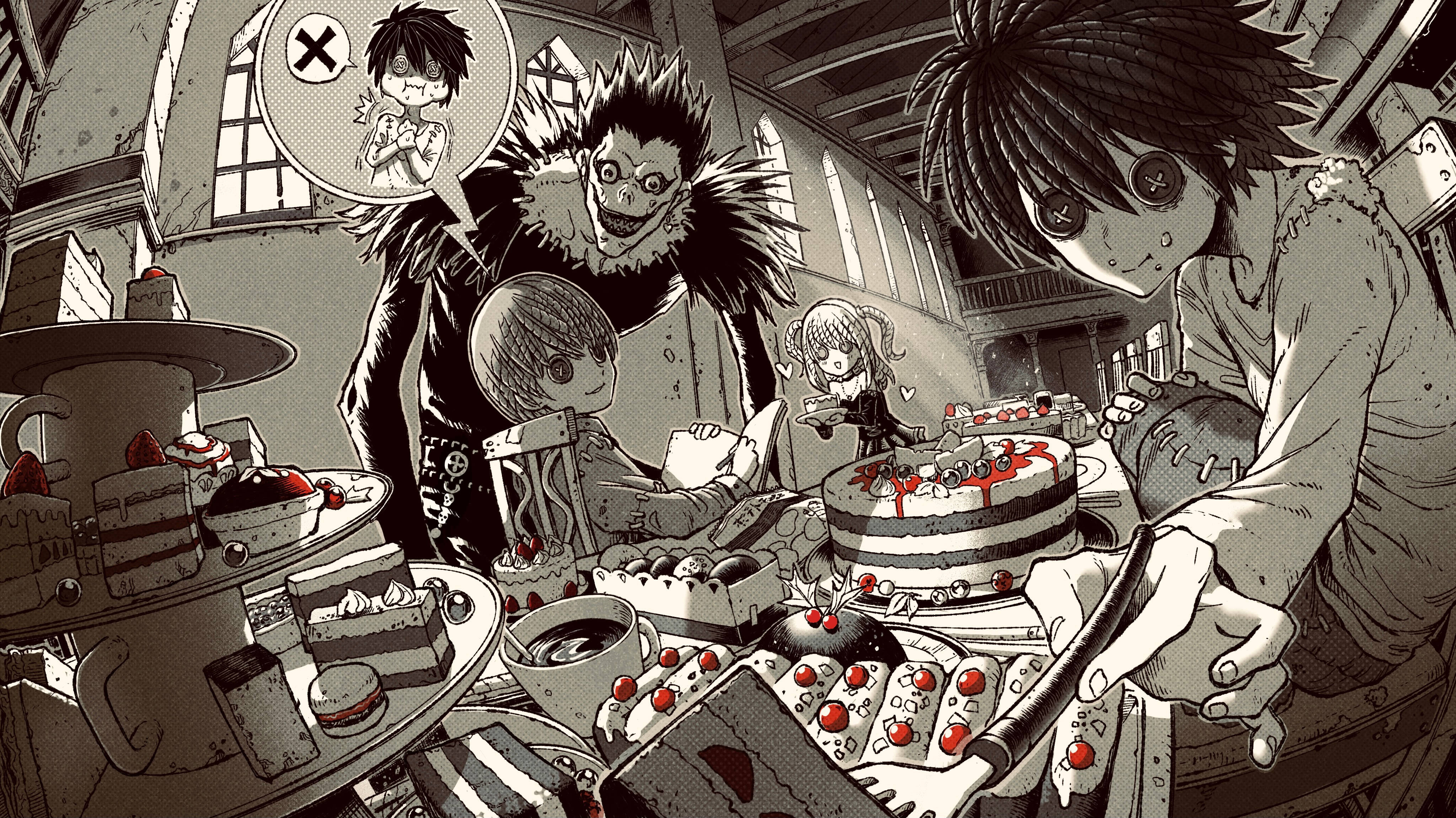 Ryuk 桌布 壁紙 — 一個昏暗的動漫場景，角色們圍繞著一張擺滿蛋糕和甜點的桌子。