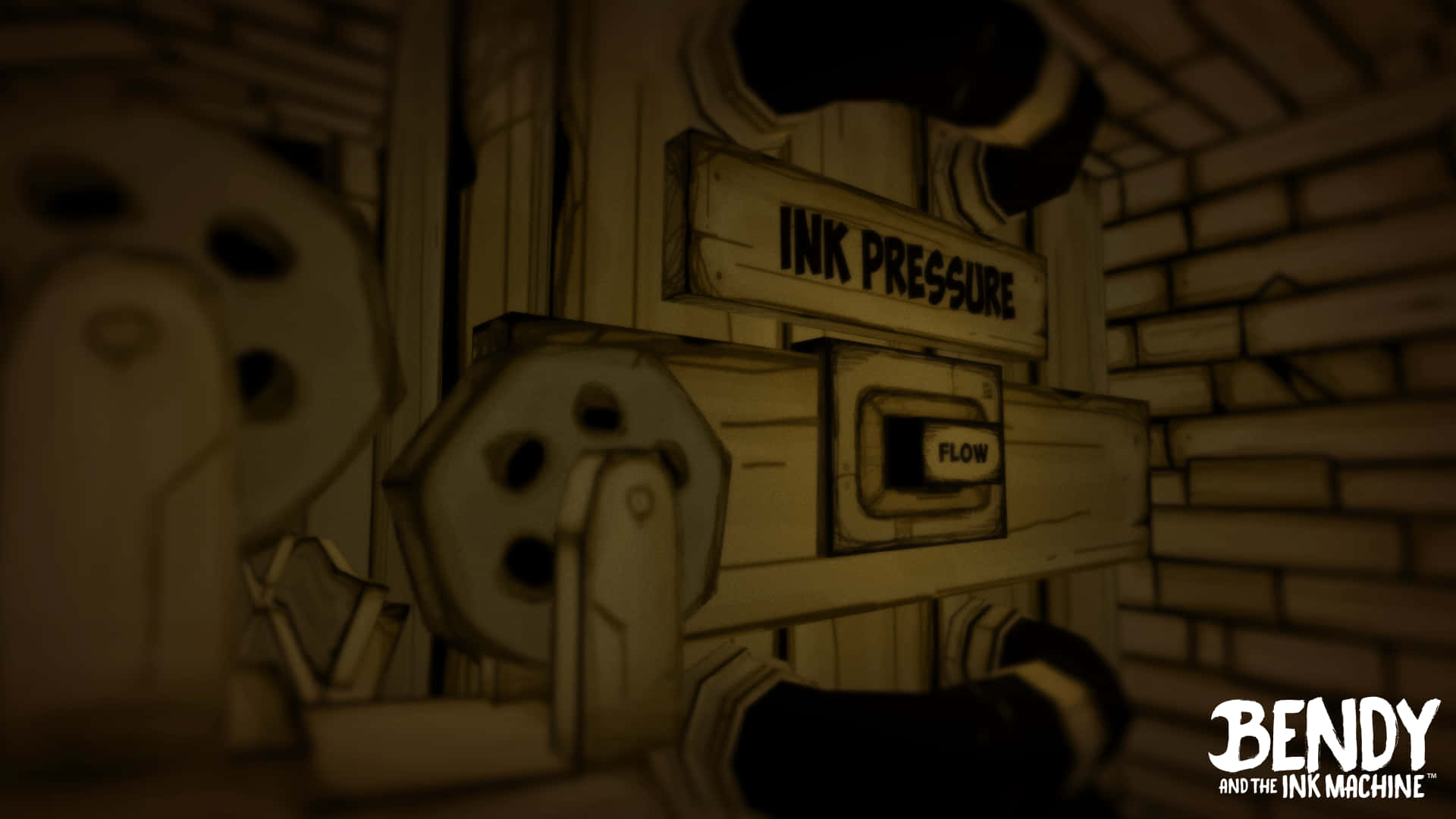 Bendy 桌布 壁紙 — 一個昏暗的木製控制面板，標有「INK PRESSURE」和「FLOW」，處於懷舊褐色調的卡通工業環境中。