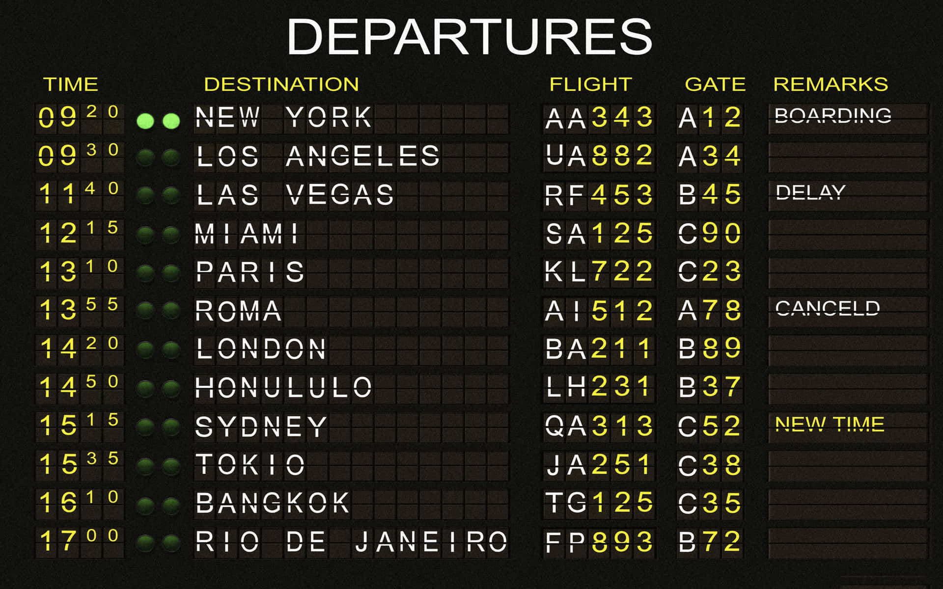 Airport 桌布 壁紙 — 一個昏暗的機場出發顯示螢幕顯示發光的黃色航班資訊，目的地包括紐約、洛杉磯和巴黎，並附有登機、延誤和取消通知。