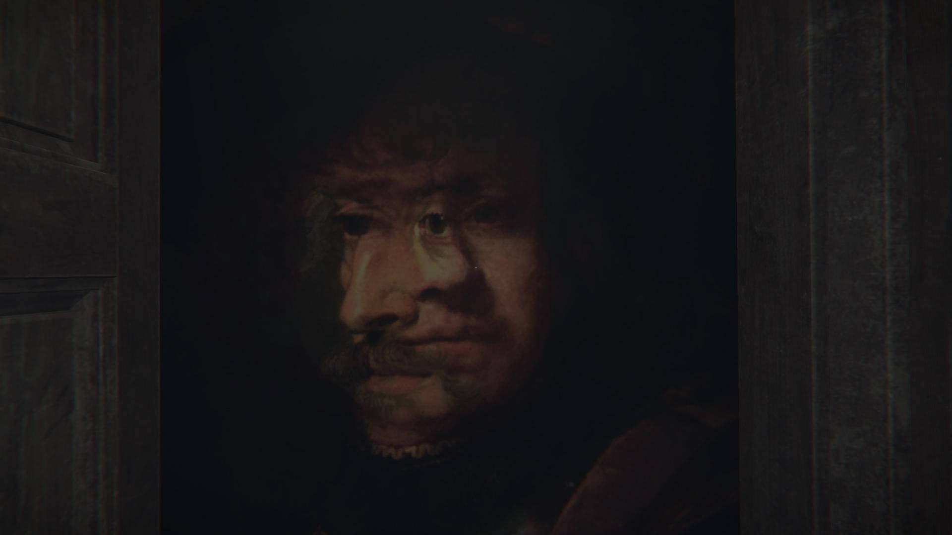 Layers 桌布 壁紙 — 一個昏暗的肖像，一個留鬍子的男人透過木門窺視，色調陰影。