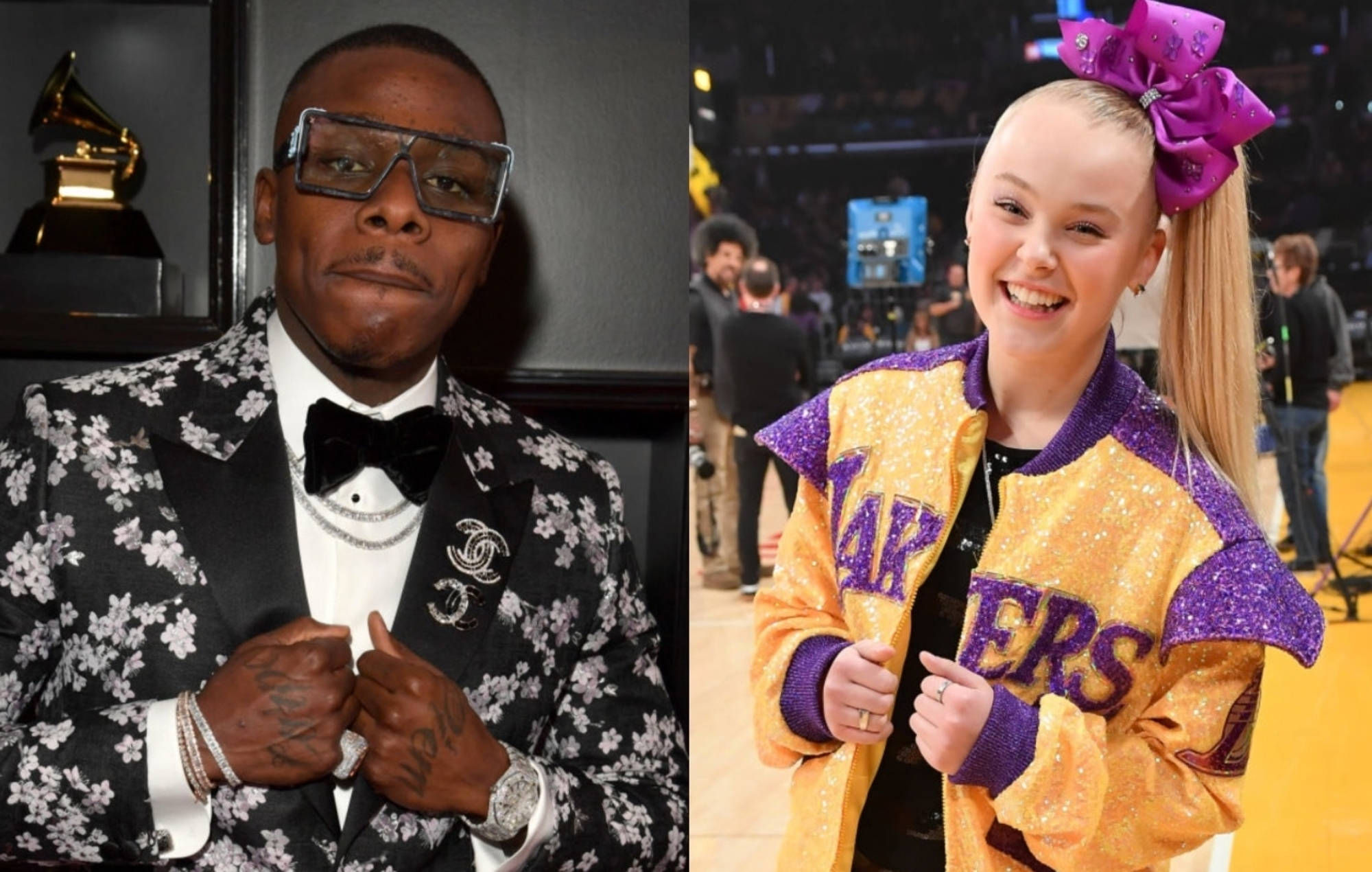 JoJo Siwa 桌布 壁紙 — 一個時尚男士穿著花卉圖案燕尾服和一個微笑女孩穿著閃亮湖人隊夾克的分割肖像。