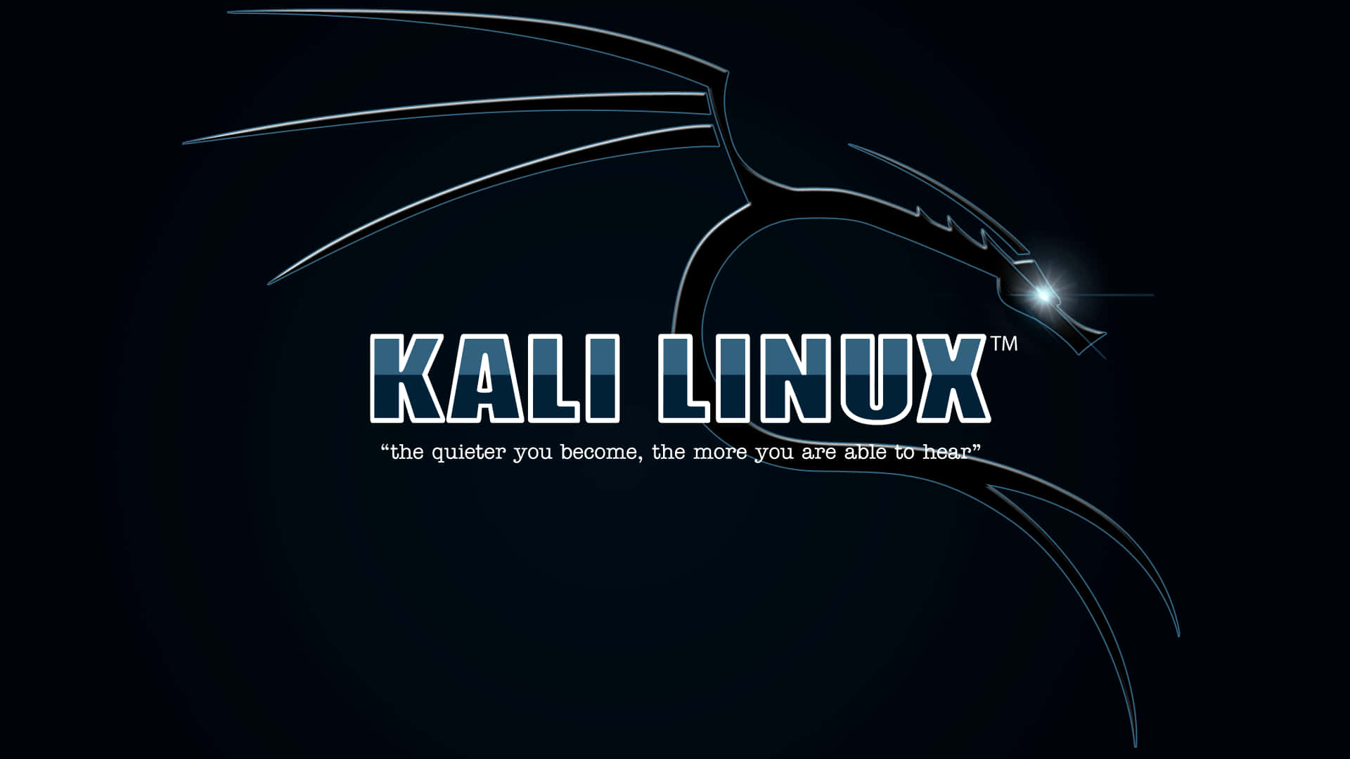 Kali Linux 桌布 壁紙 — 一個時尚發光的龍剪影，帶有 'Kali Linux' 文字，背景為深色漸變。