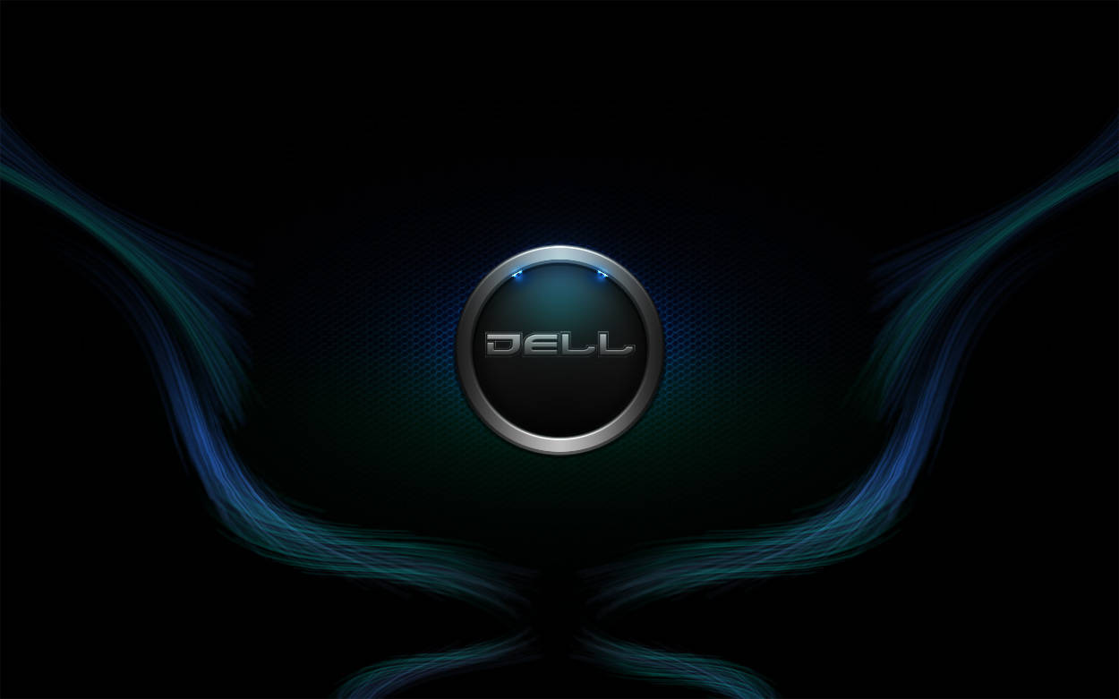 dell HD 桌布 壁紙 — 一個時尚的 Dell 標誌在黑暗背景上發出藍光，周圍環繞著流動的藍綠色能量流。