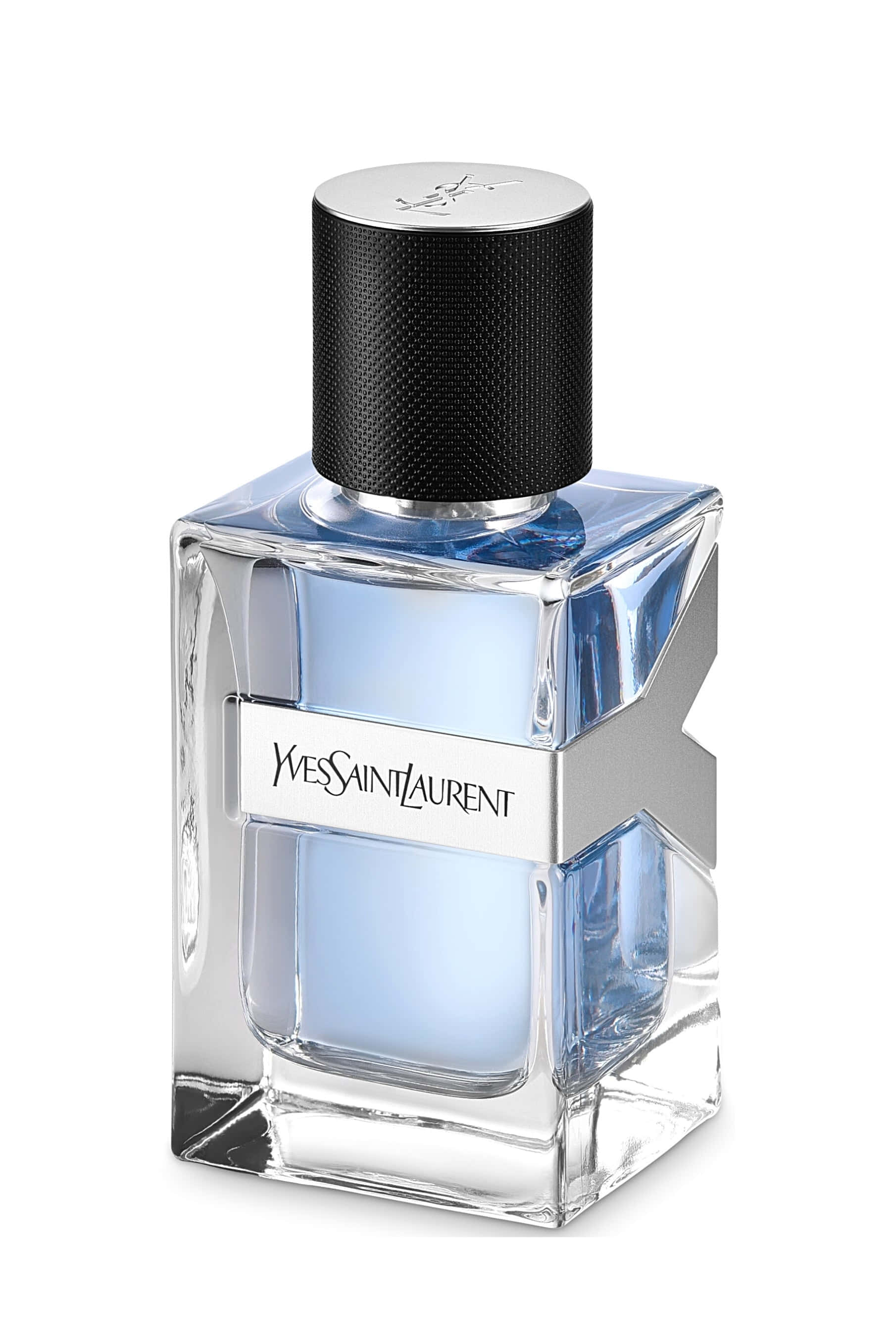 Ysl 桌布 壁紙 — 一個時尚的 Yves Saint Laurent 香水瓶，帶有黑色紋理蓋子和銀色標籤，背景為白色。