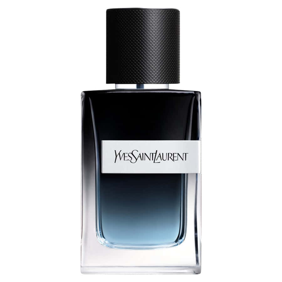 YSL 桌布 壁紙 — 一個時尚的 Yves Saint Laurent 香水瓶，帶有黑色紋理瓶蓋和漸變藍色液體，背景為純白色。