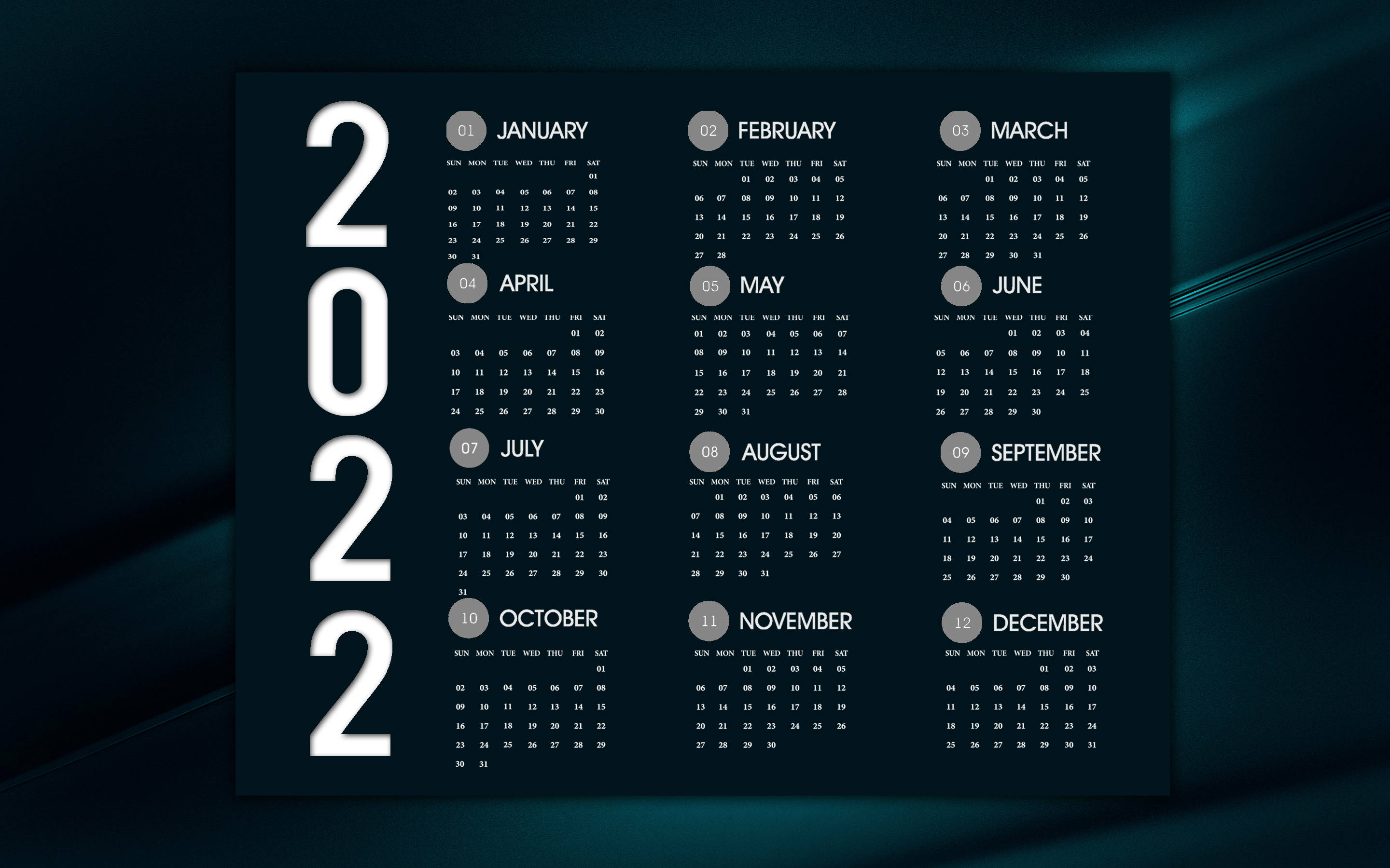 Calendar 桌布 壁紙 — 一個時尚的2022年年曆，白色文字位於深藍色漸變背景上，並由發光光線照亮。