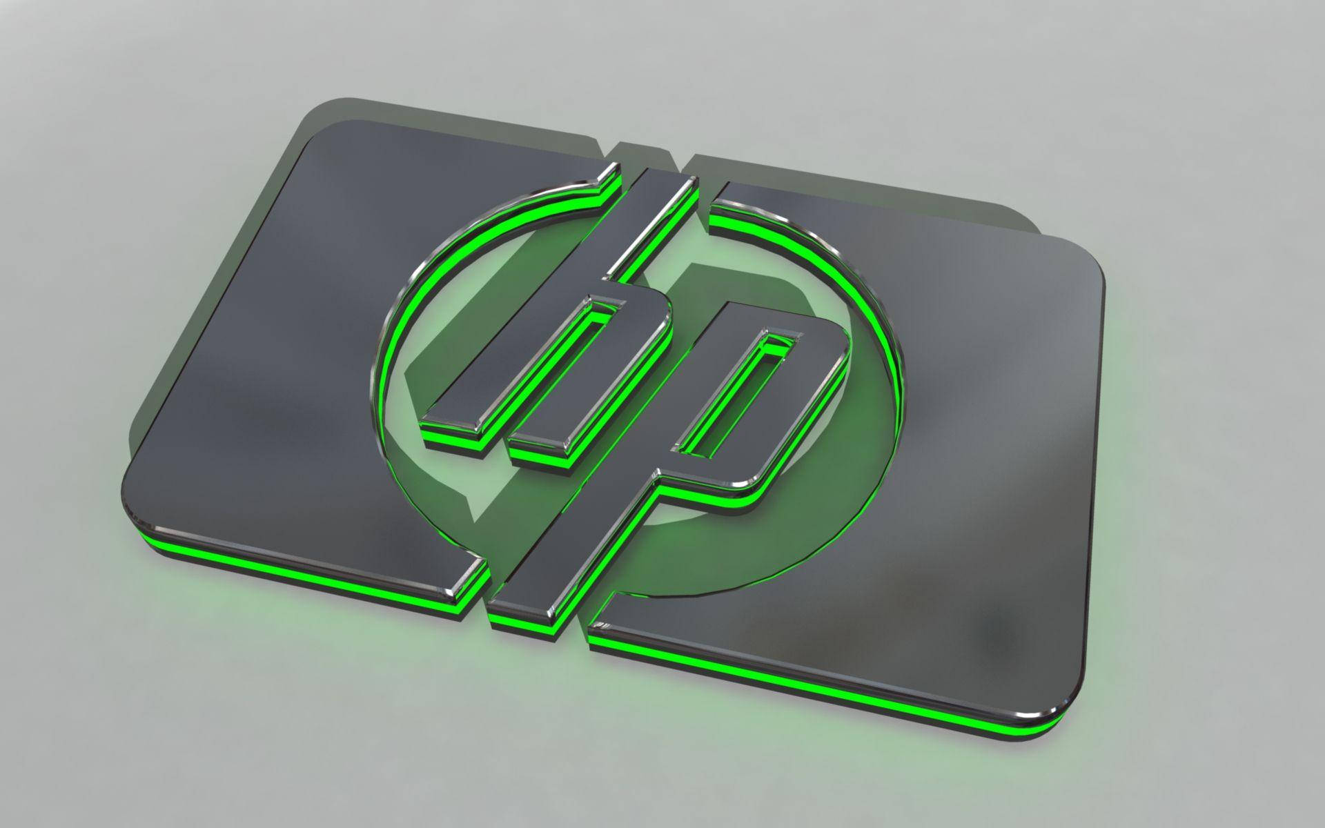 HP 桌布 壁紙 — 一個時尚的3D渲染HP標誌，帶有發光的綠色邊緣，位於簡約的灰色表面上。