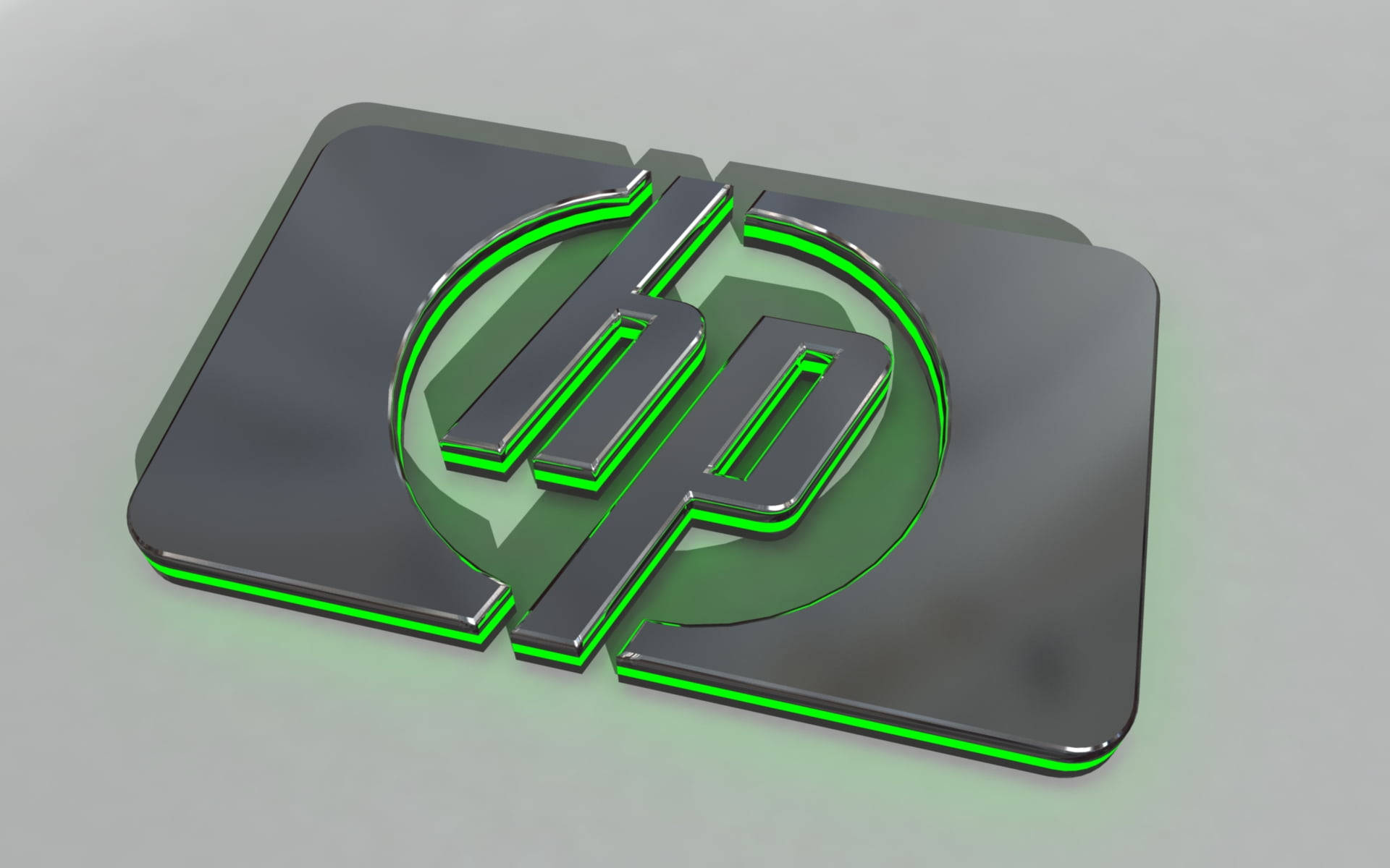 Hp Laptop 桌布 壁紙 — 一個時尚的3D渲染HP標誌，帶有發光綠色邊緣，位於簡約灰色表面上。