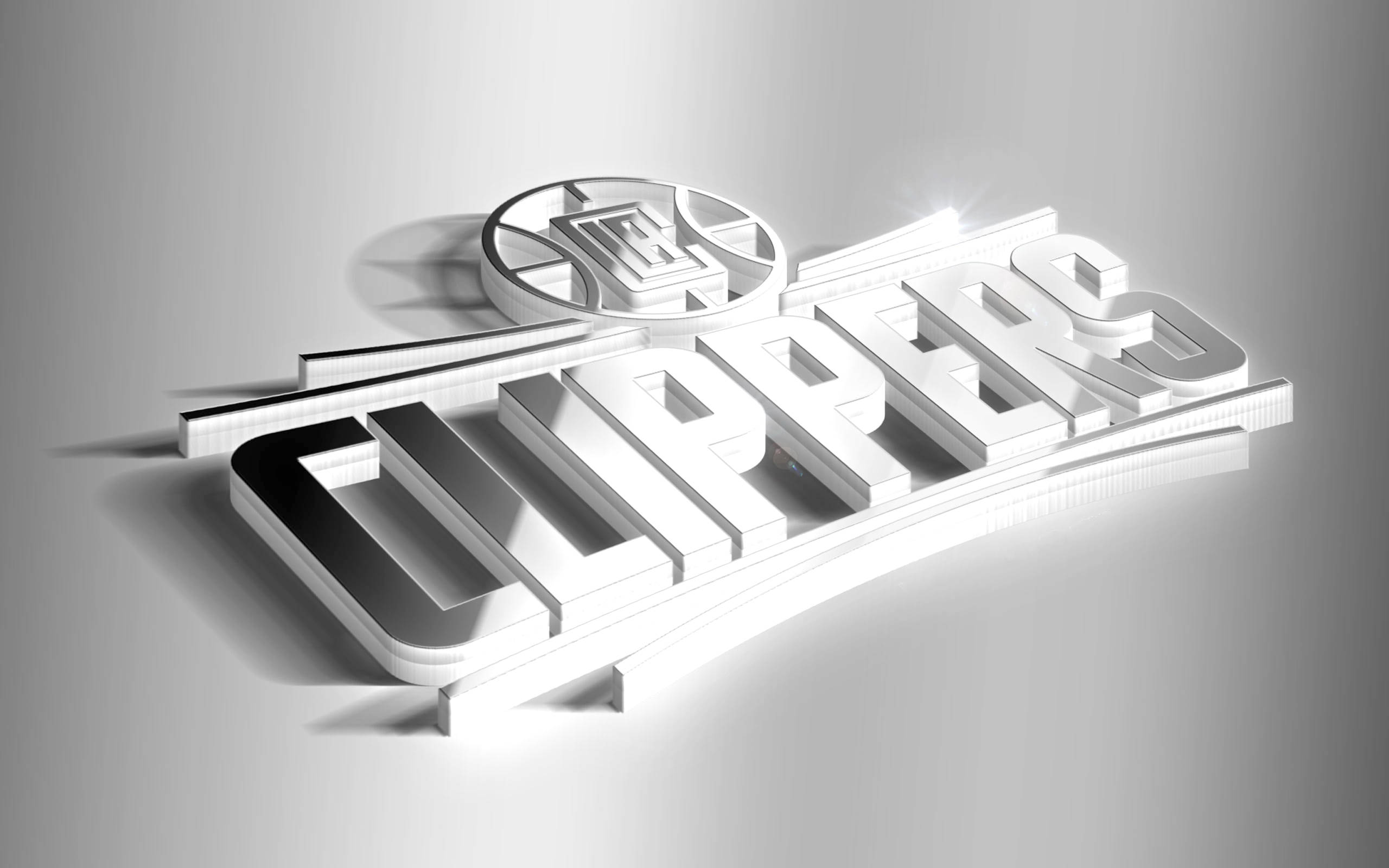 Clippers 桌布 壁紙 — 一個時尚的3D渲染LA快艇隊標誌，帶有金屬光澤和銳利陰影，背景為漸變灰色。
