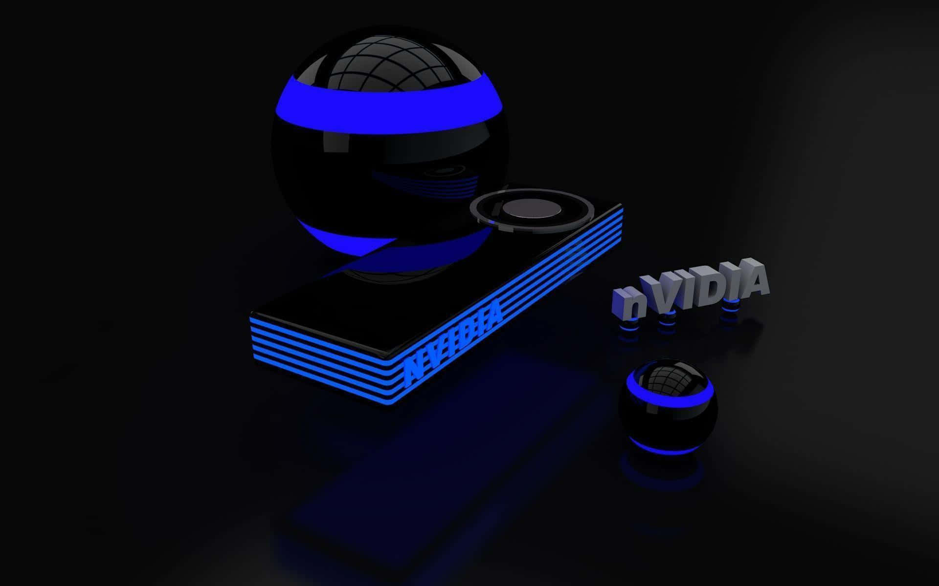 nvidia 桌布 壁紙 — 一個時尚的3D渲染NVIDIA標誌，帶有發光藍色點綴和反光球體，位於深色表面上。