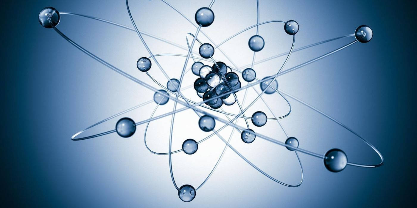 科學 桌布 壁紙 — 一個時尚的3D渲染原子模型，帶有玻璃狀球體和發光軌道，背景為漸變藍色。